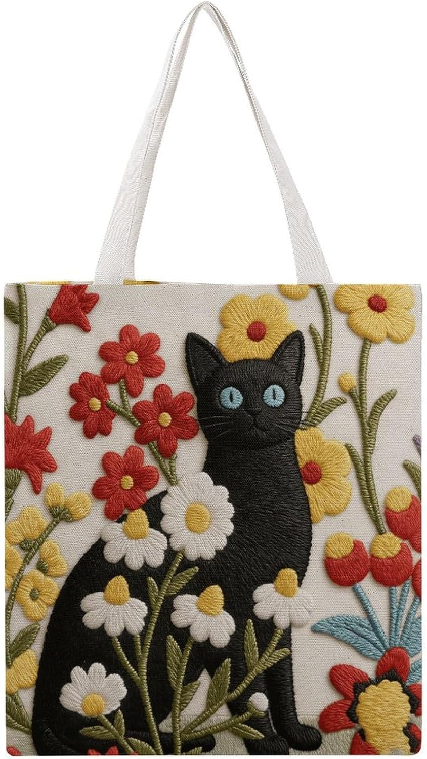 Embroidered Flower Cats Canvas Tote Bag Reusable Grocery Bags Foldable Soft Cotton Shoulder Carry Bag