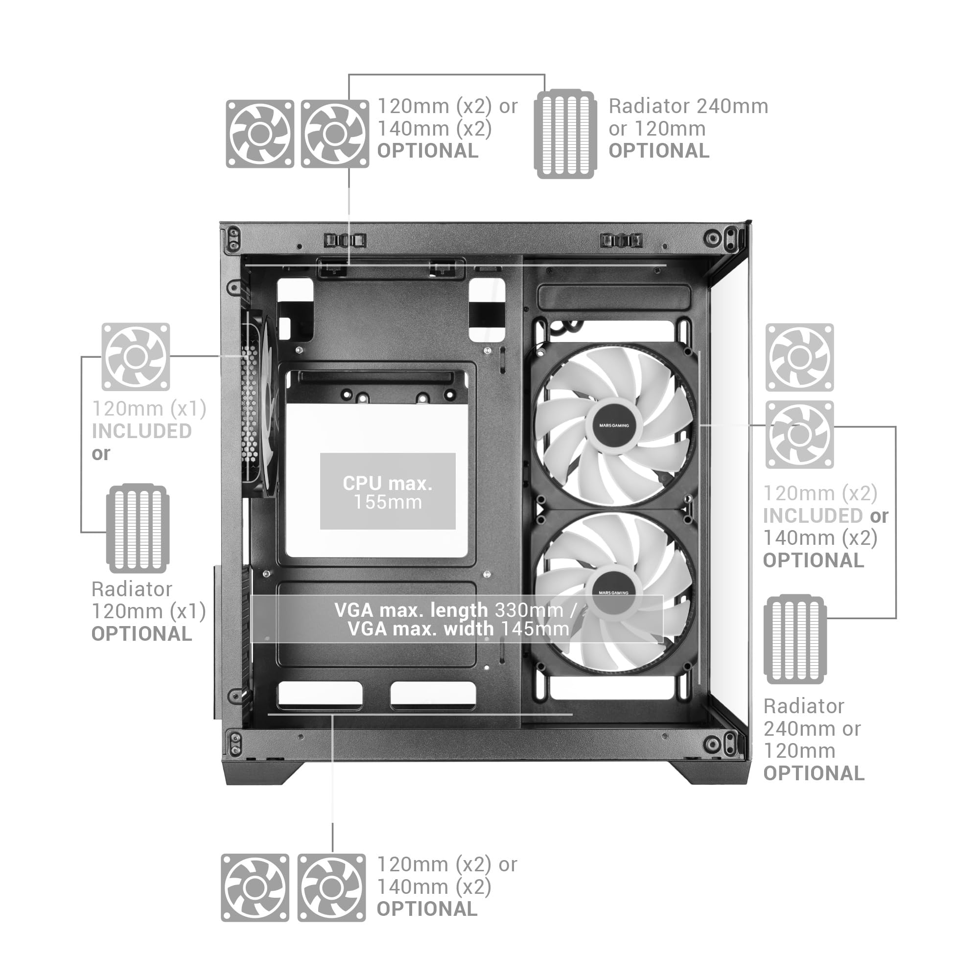 Mars Gaming MC-VIEW3, Caja PC MicroATX, Cristal Templado Panorámico, 3X Ventiladores ARGB 120mm, Doble Cámara, Soporte Refrigeraciones Líquidas hasta 240mm, Minitorre Compacta con USB-C, Negro