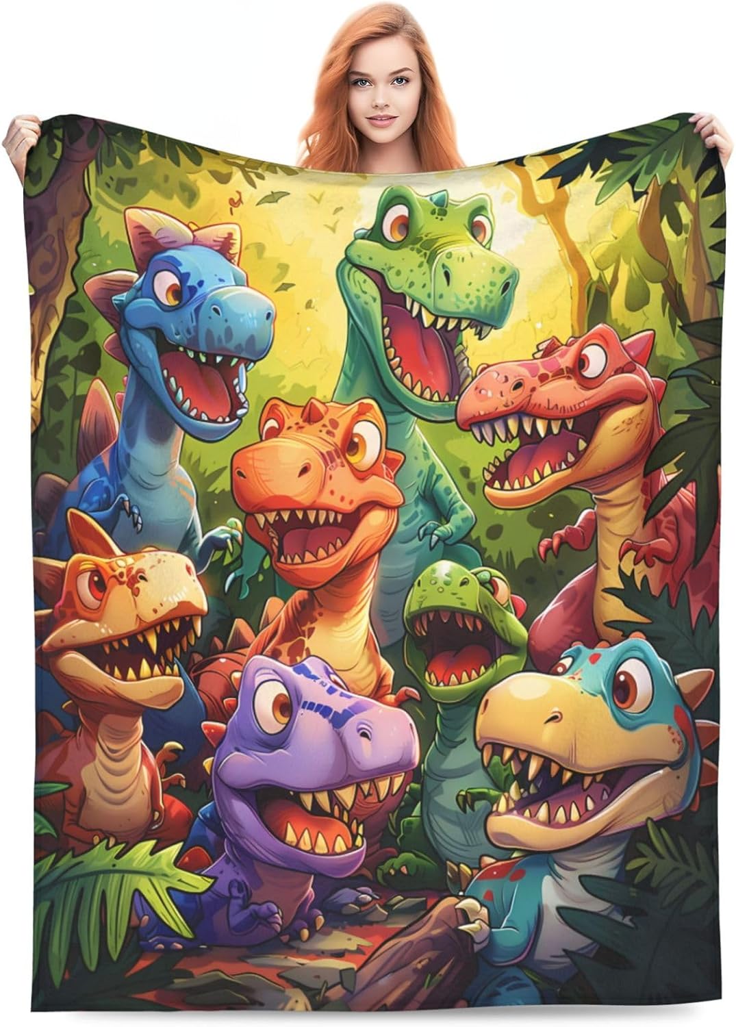 Printed Cute Funny Dinosaurs Cartoon Throw Blanket Ultra Soft Cozy Flannel Fleece Blanket Fuzzy Warmth Lightweight Bedding for Couch Sofa Chair Bed Living Room Bedroom Decor,60"X50"