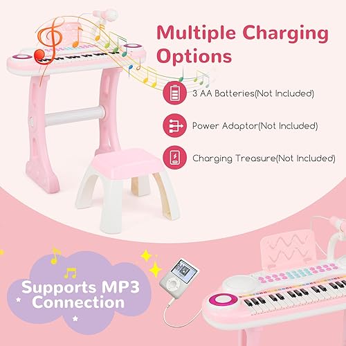 Miniatura 7 de Costzon Piano de teclado de juguete para niños de 37 teclas con patas desmontables, banco, partitura de música, luz flash, canciones MP3 integradas,