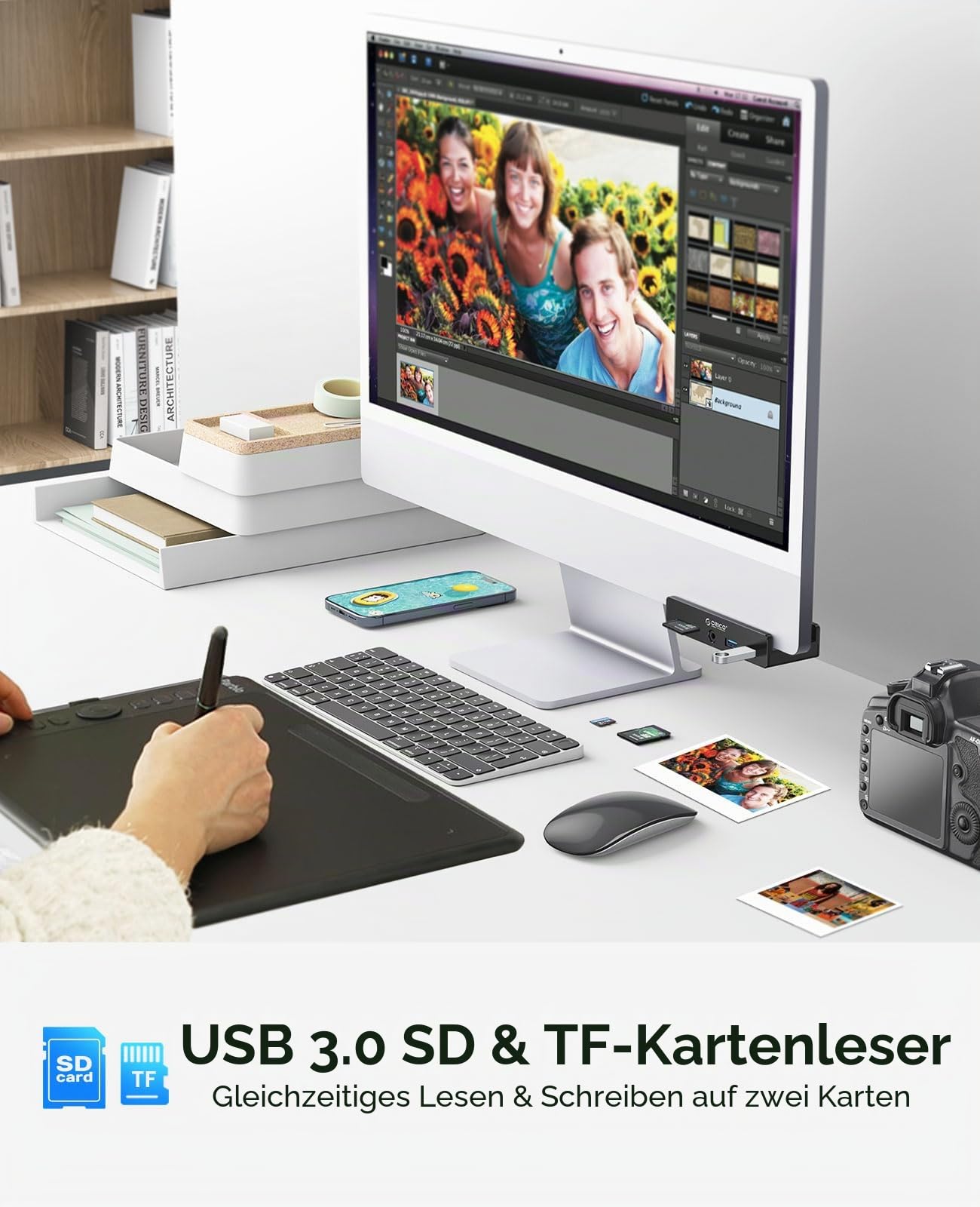 ORICO Clip-Typ USB Hub mit SD/TF Kartenleser, 5 in 1 USB Hub 3.0 mit 2 Typ A 3.0 Ports, 3.5 mm Audio, 5Gbps USB Verteiler mit 5V Stromversorgungsanschluss, Für Monitore, Desktop