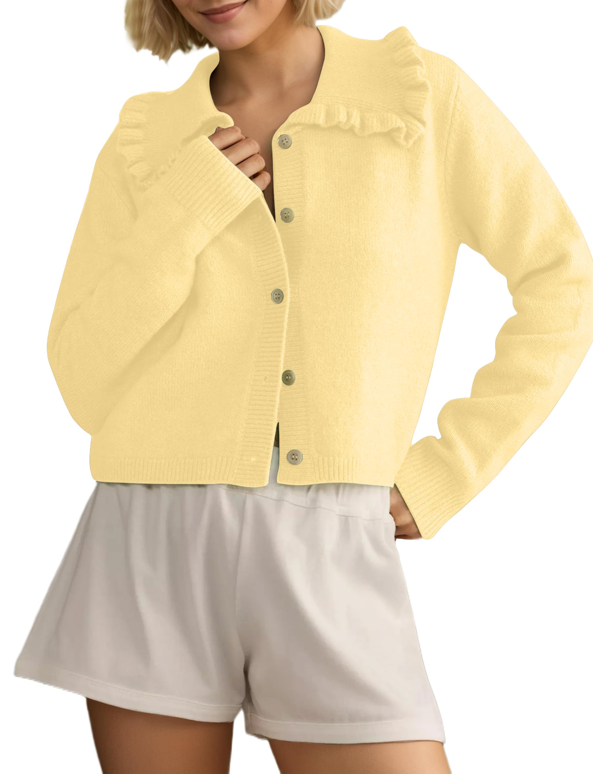 Ythomm Womens Ruffle Collar Open Front Knit Cardigan, Yellow, XL