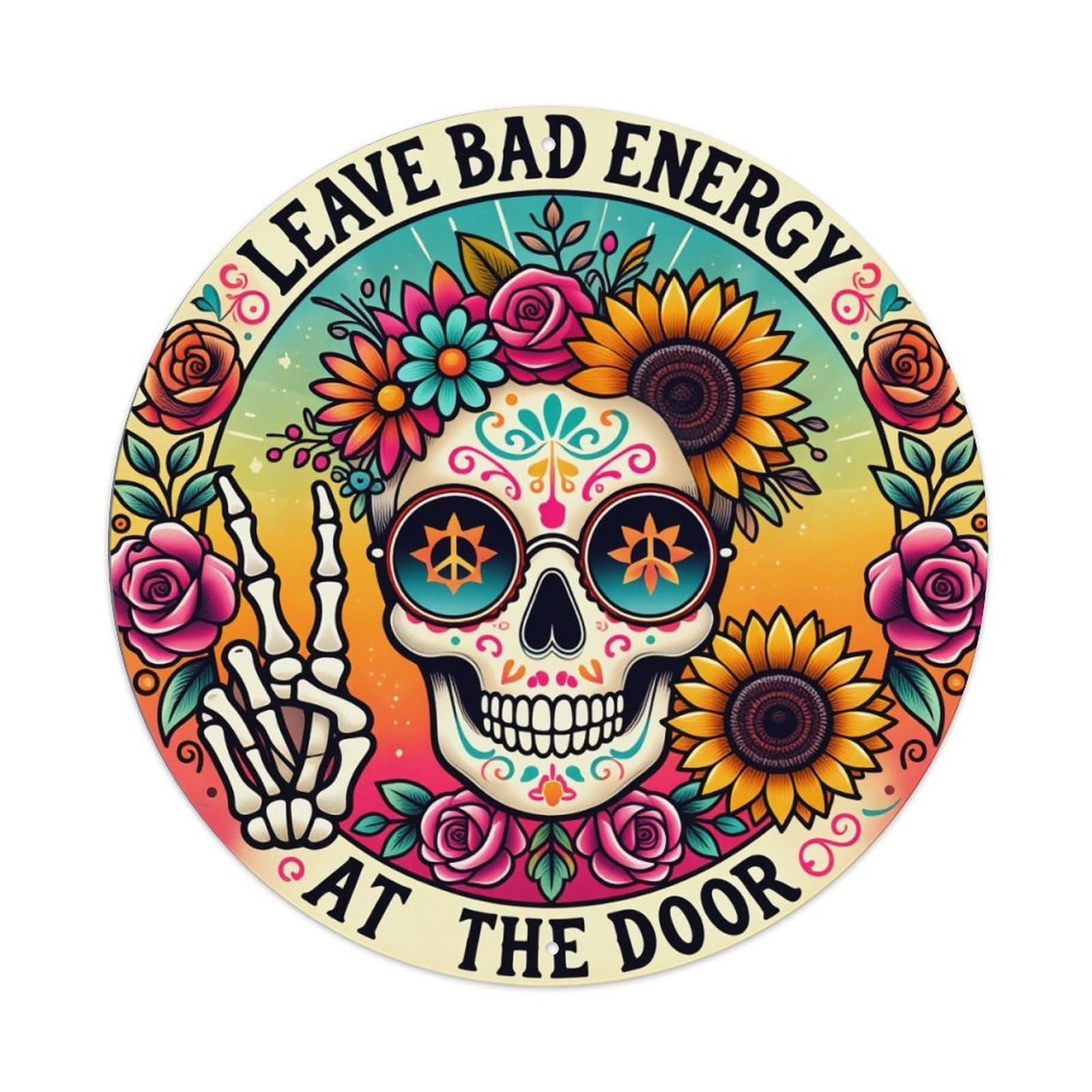 Skull With Flowers And Peace Sign Vintage Round Tin Sign Retro Metal Wall Decor Metal Poster, Home Bar Garage Cafe Wall Art Decoration 8x8Inches