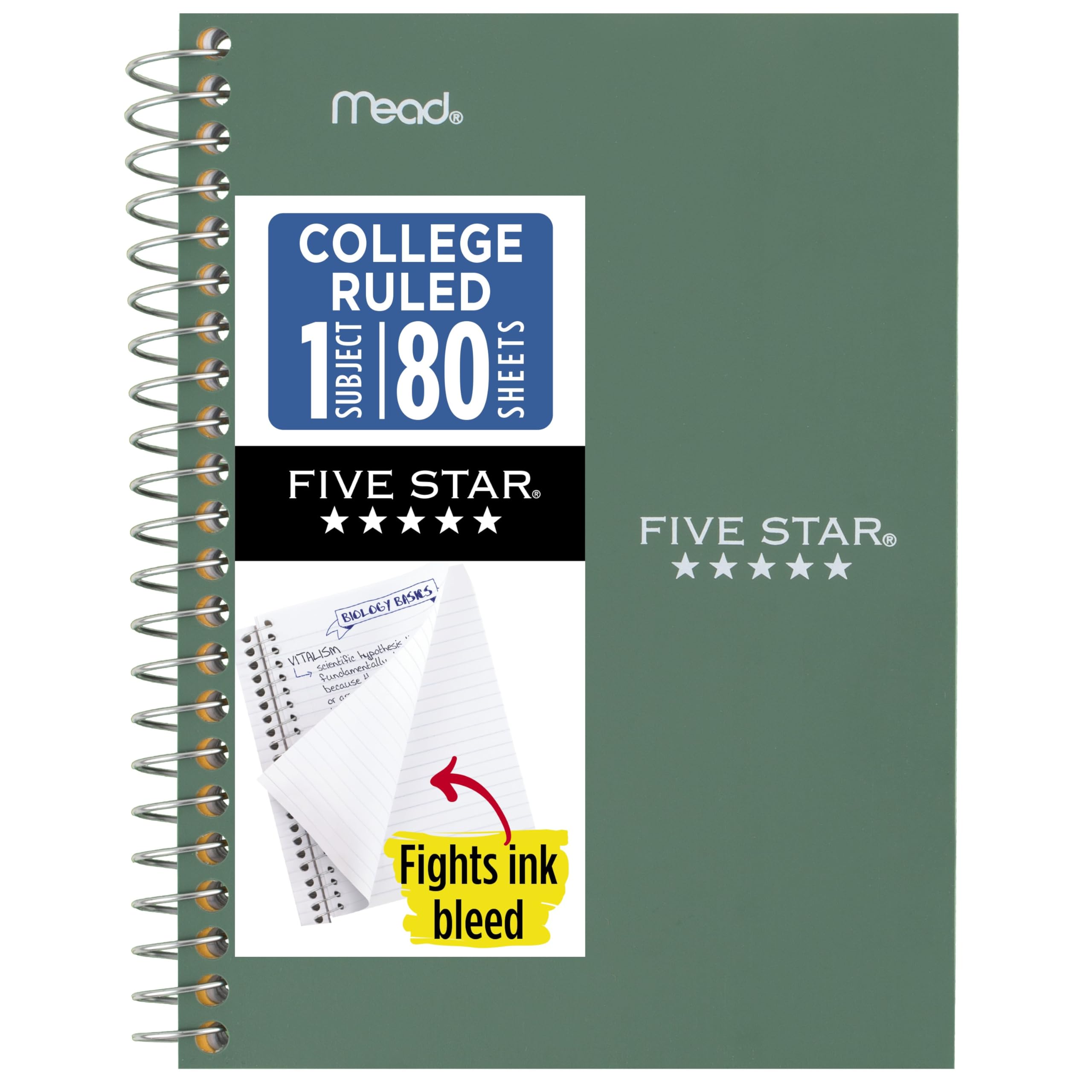 Five Star Spiral Notebook, 1 Subject, College Ruled Paper, 4-3/8" x 7", Personal Size, 80 Sheets, Fights Ink Bleed, Water Resistant Cover, Seaglass