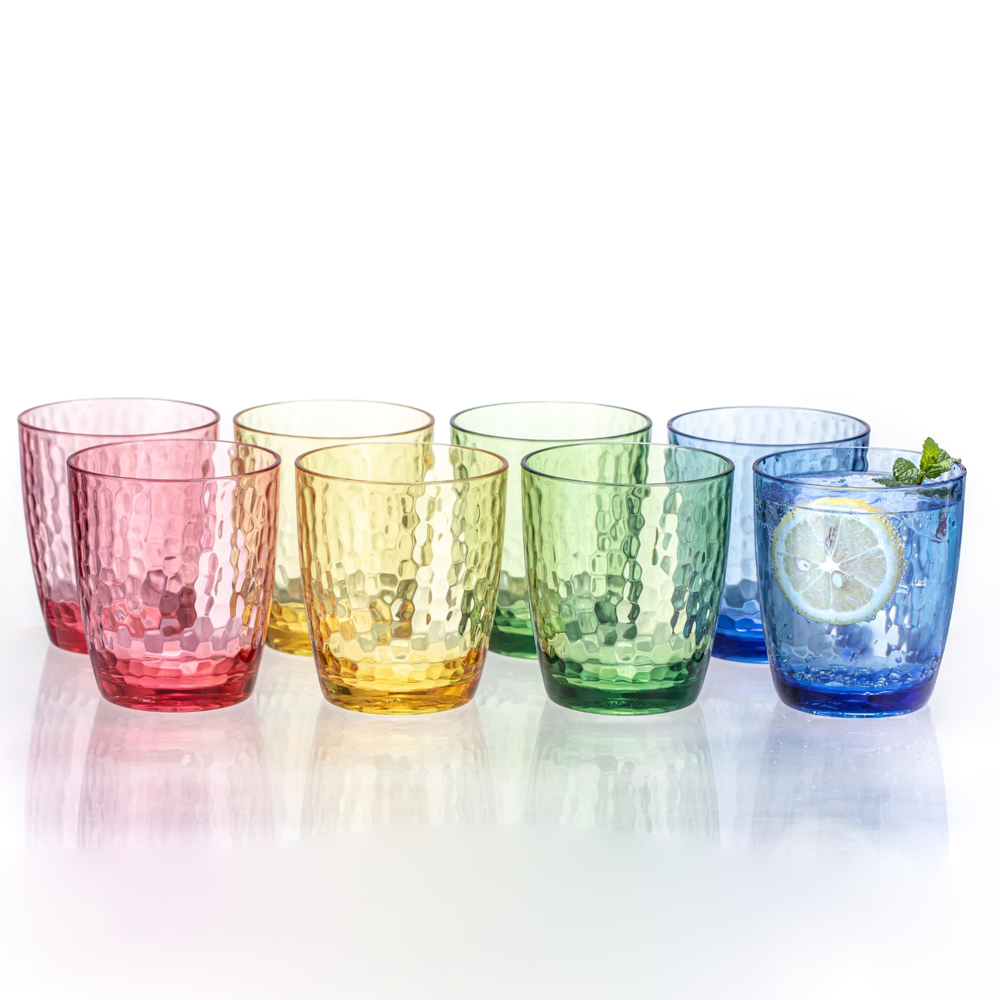 MIYOPESI 15oz Colorful Acrylic Glasses Drinkware Set of 8 Hammered Design Unbreakable Plastic Tumblers Reusable Plastic Drinking Glasses