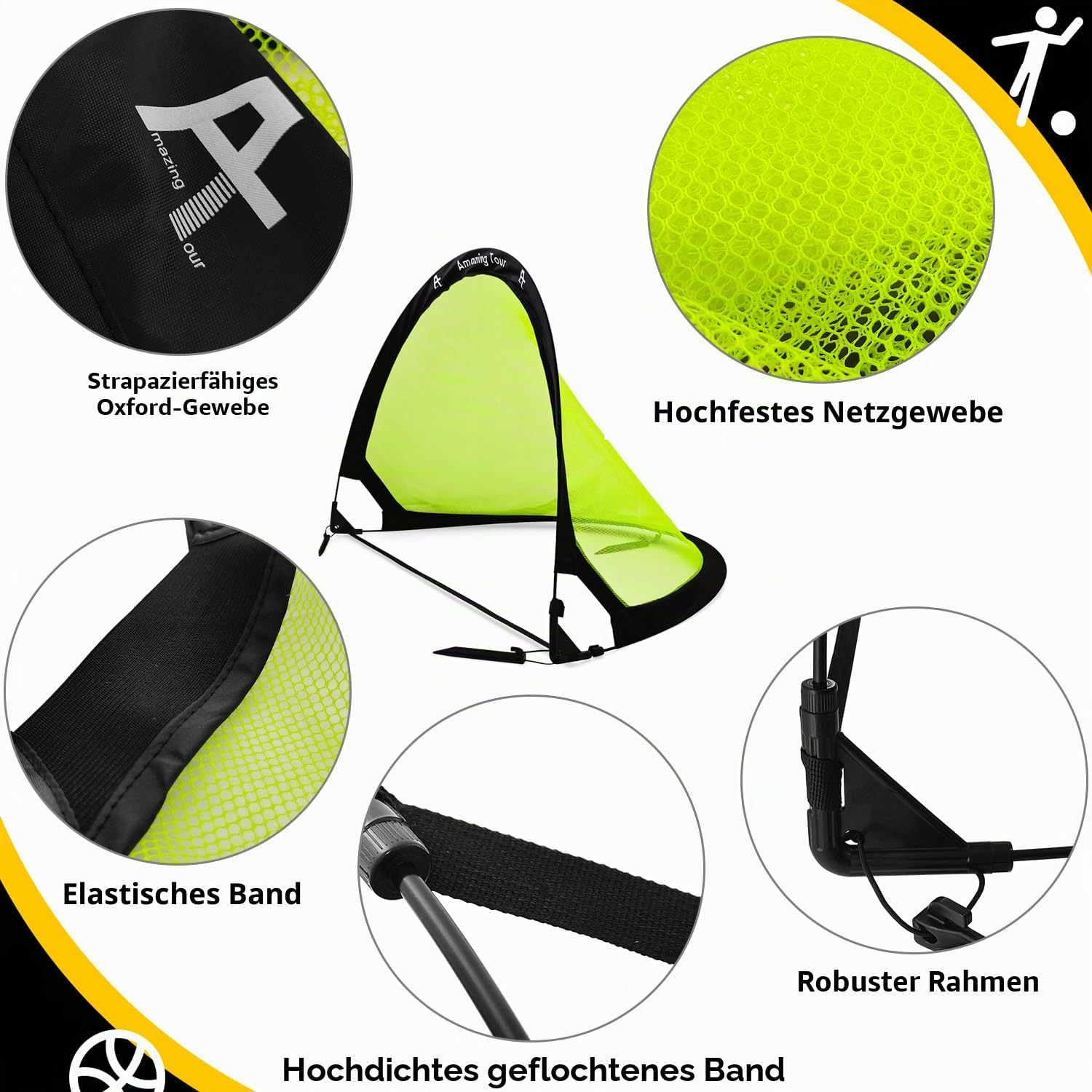 Fußballtor Kinder Pop Up Set, Fußball Tore Faltbar mit Glasfaserstangen & hochwertigen Tornetzen für Indoor, Outdoor & Garten oder Park