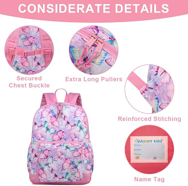 VASCHY Kinderrucksack, leicht, Schulranzen, Mädchen, Jungen, Grundschule, Kindergarten, 4 – 6 Jahre, wasserdicht, niedlich, Rucksack, Mädchen, Jungen, für A4, Vorschule, Reise, mit Brustgurt - 3