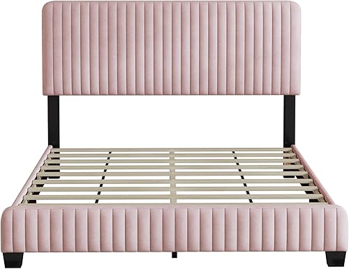 Miniatura 39 de Elegante cama con plataforma tapizada de terciopelo de tamaño Queen con cabecero, para niños, niñas y adolescentes (beige @cabecero/, Queen)