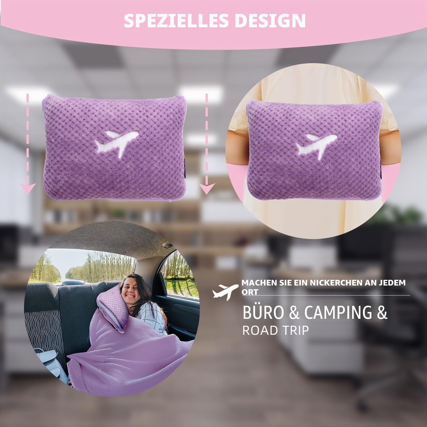 3-in-1-Reisedecke-Kissen-Set, 350 g/m², Dicke Reisedecke, Flugzeug, kompakt, mit Tasche, weiche Tasche mit Tasche, aufblasbares Reisekissen für Camping & Autoreise (Violett)