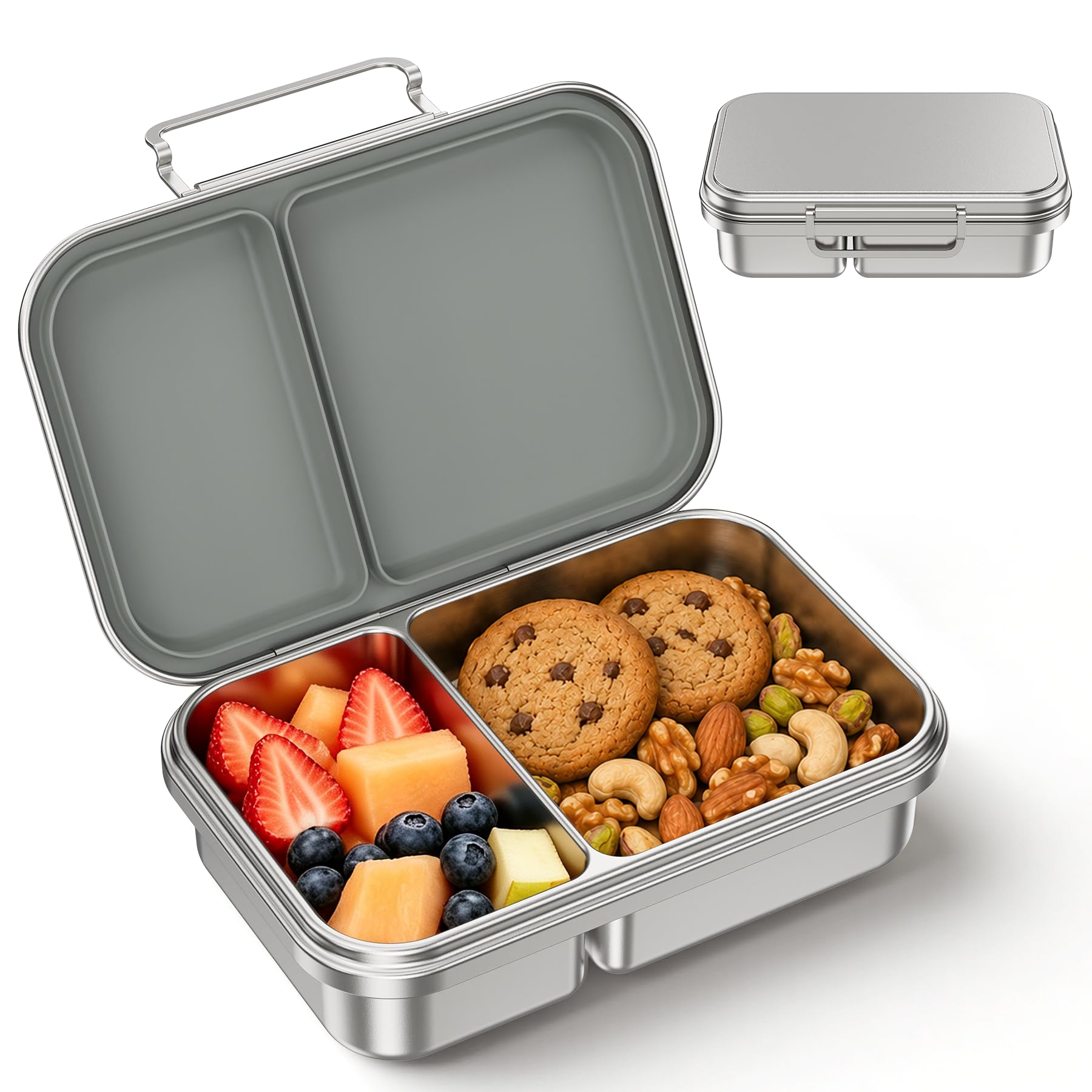 Photo 1 of CMKPL Stainless Steel Bento Lunch Box - 2 Compartment, Leak-Resistant Lid, Gray