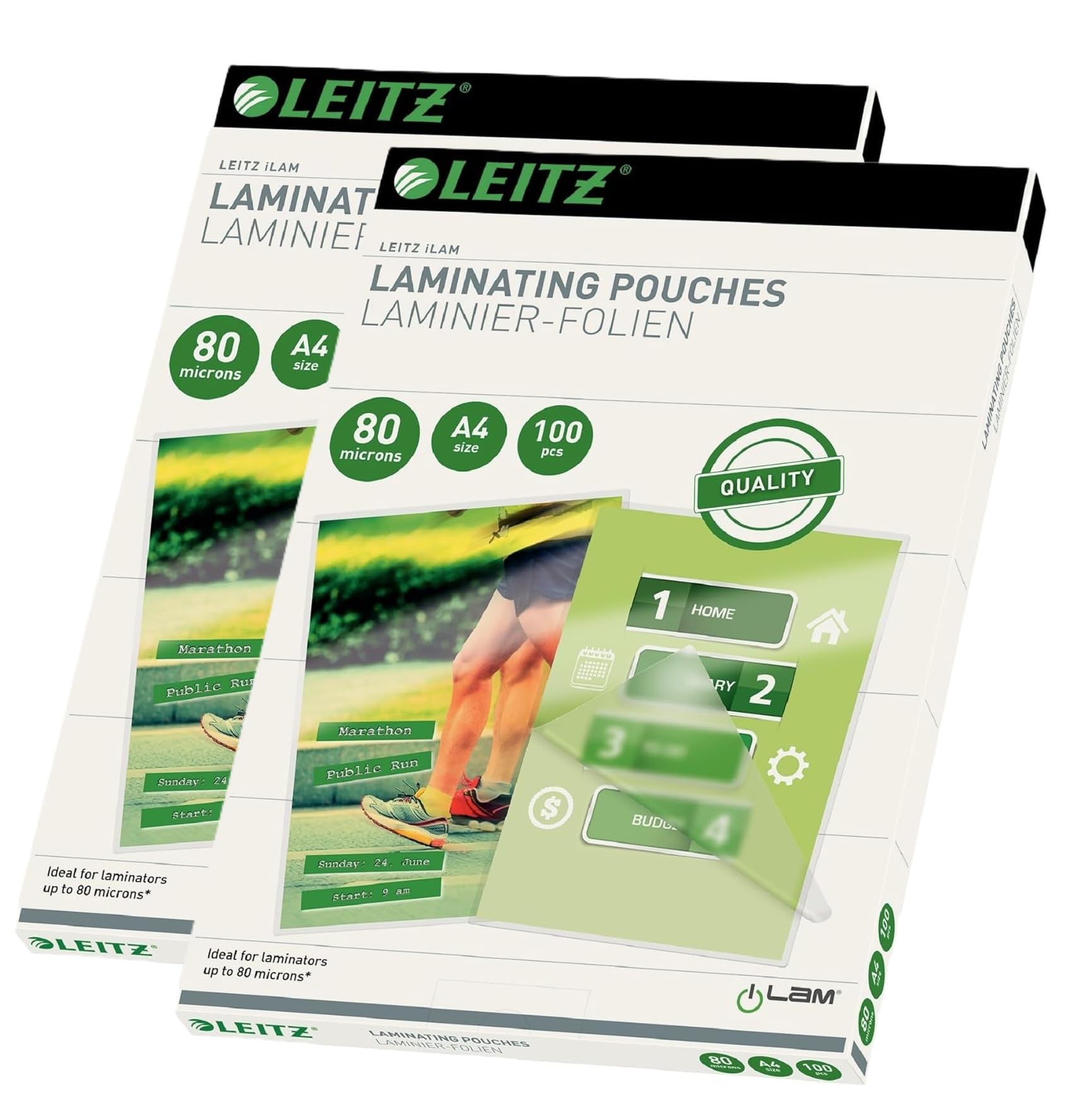 Leitz Heißlaminierfolien A4 80 mic, Hochwertige Laminierfolien mit abgerundeten Ecken, transparent, glänzend, für den Einsatz zu Hause oder im Büro, 74330000 (2 x 100er Pack)
