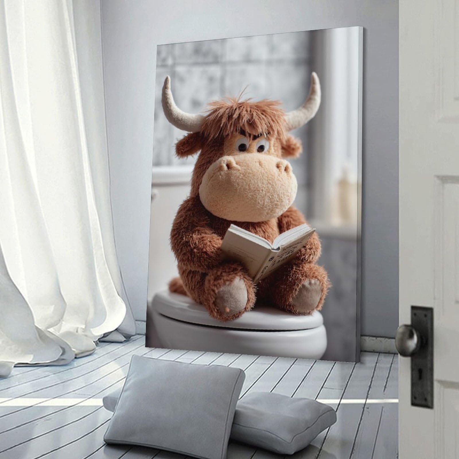 Junmoney Frame-Style-6 Stuffed Bull Reading On Toilet Wall Picture Print 20X30inch(50X75cm), For Lounge Decor, Offices Or Entryway Styling, Versatile Wall Decor For Many Rooms