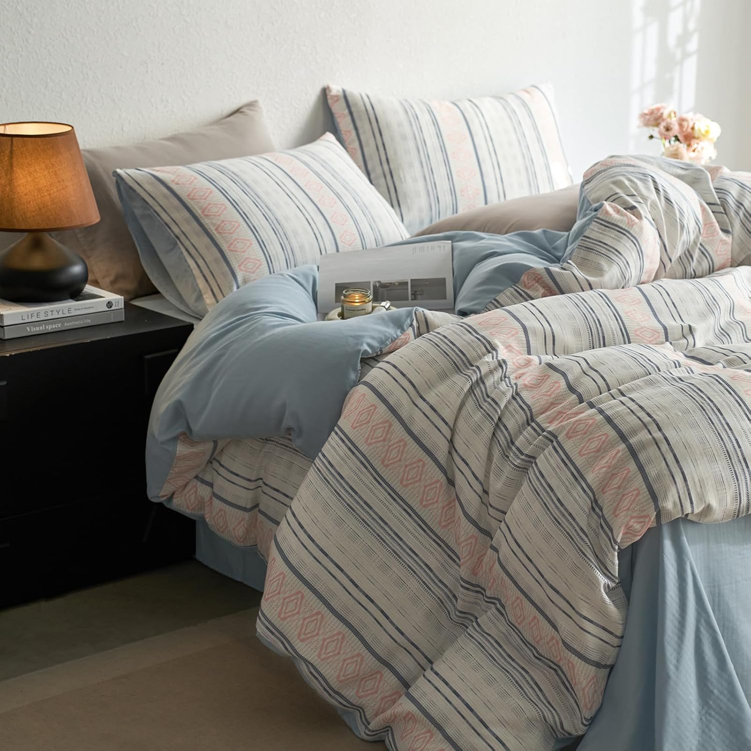 EAVD Boho Blue Geometric Stripes Duvet Cover King Soft Eucalyptus Lyocell Cotton Blend Silky Cooling Comforter Cover Set for Hot Sleeper Modern Geometric Pattern Duvet Cover with Zipper