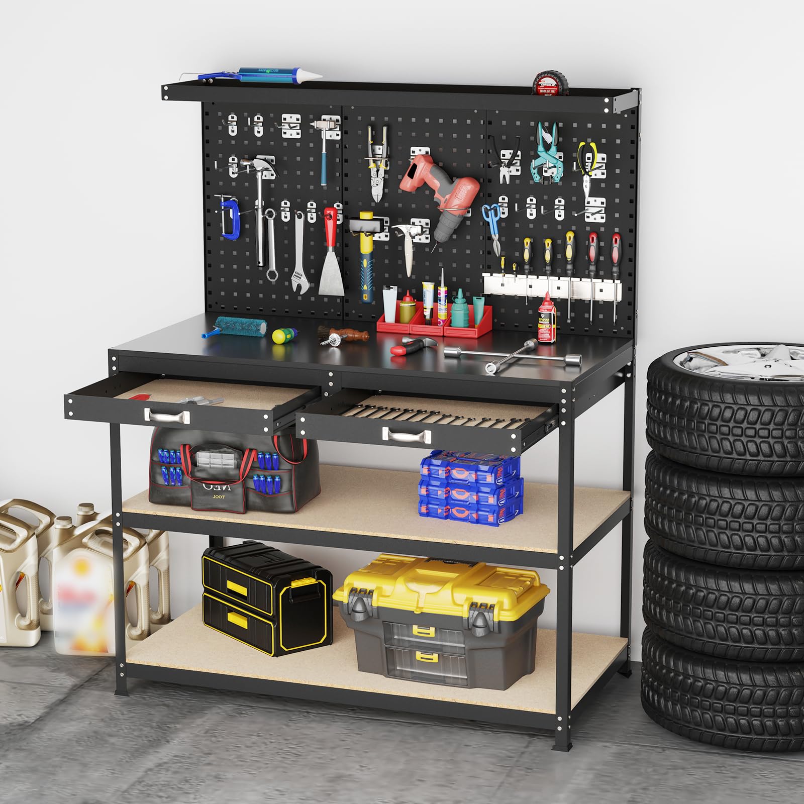 SOARS Werkbank mit Lochwänden, Werkzeugbank Metall mit 3 offenen Regalen & Zubehörteilen zum Aufhängen für Garage, Werkstatt (Schwarz, 121 x 61 x 156 cm)