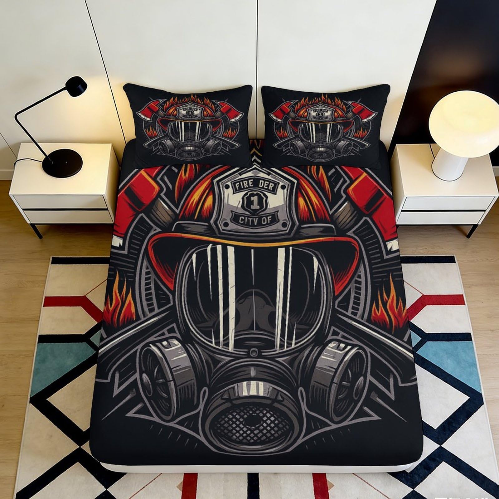 Pnayamiorkfel Style-5 3D Printed Firefighter Helmet Fitted Sheet Microfiber Black Red Flames Decor Mattress Cover Bedroom Dorm Protection 90X200x25cm
