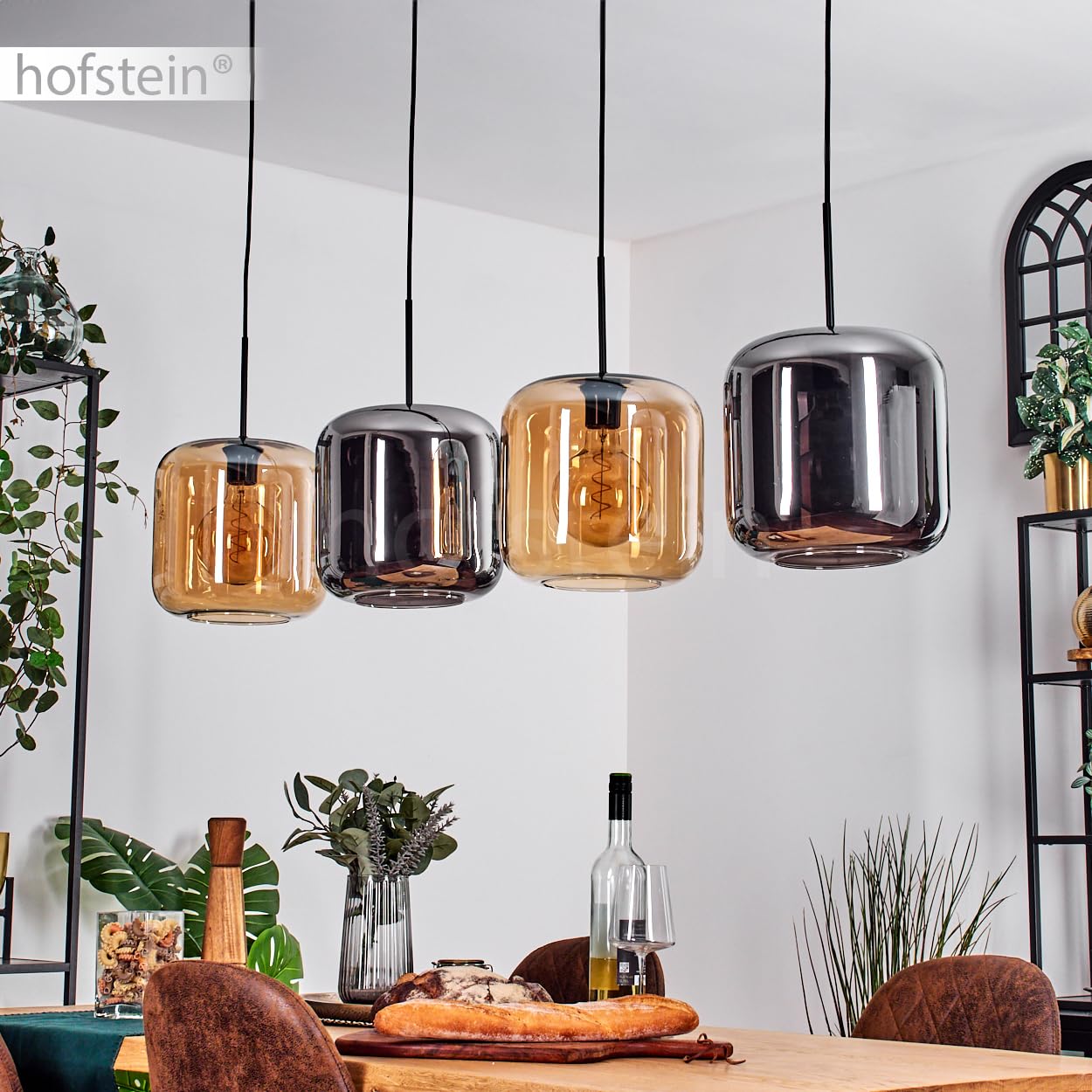 Lauden Hängeleuchte – 4-flamig, Metall/Glas, Schwarz/rauchfarben/klar, Max. 147 Cm, 4x E27 (ohne Leuchtmittel)