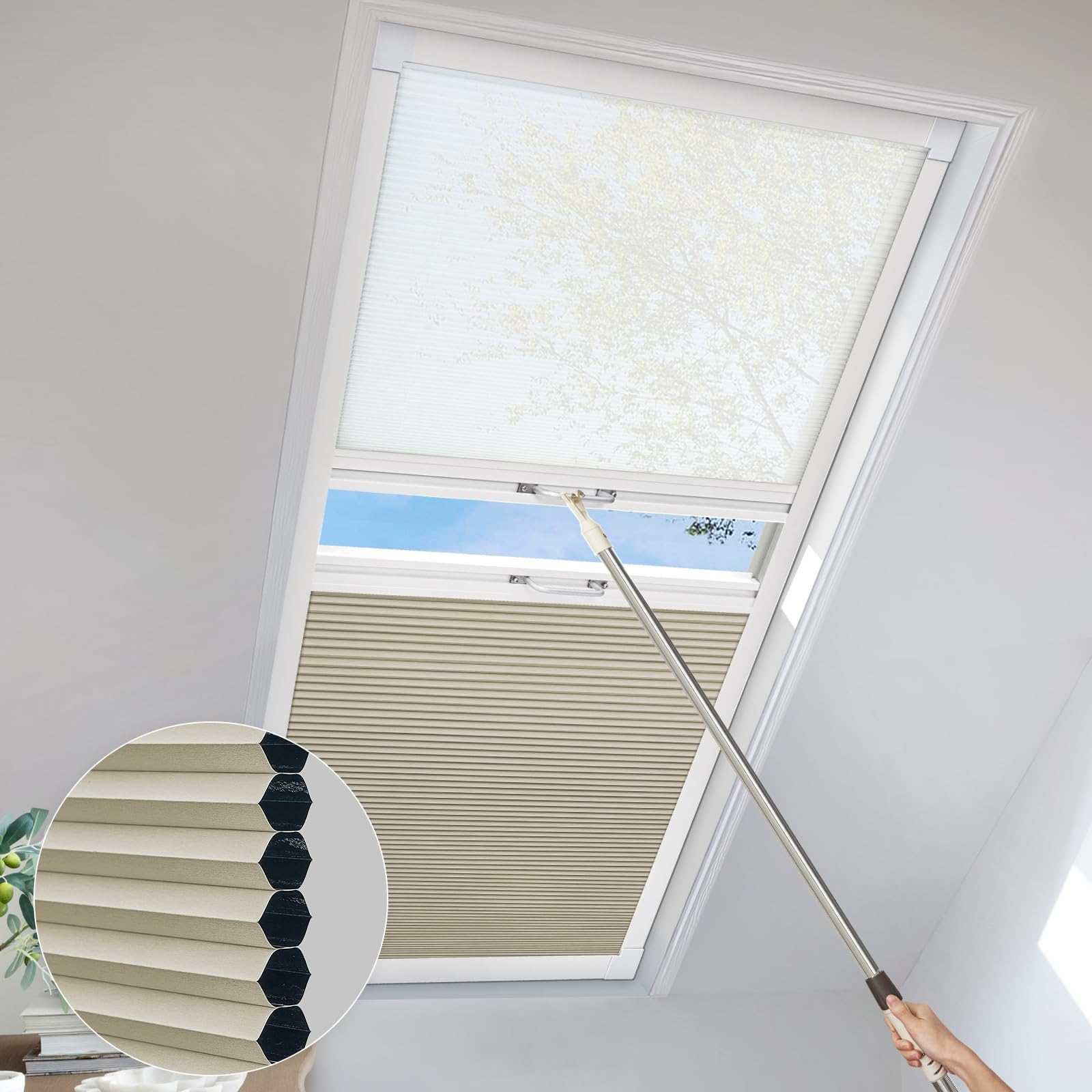 MiLin Day Night Skylight Shades Cordless Cellular Skylight Honeycomb Blinds Reduce Noise Privacy Shades Suitable for Roof Inclined Plane Room Windows - Custom Size (Blackout Light Camel)