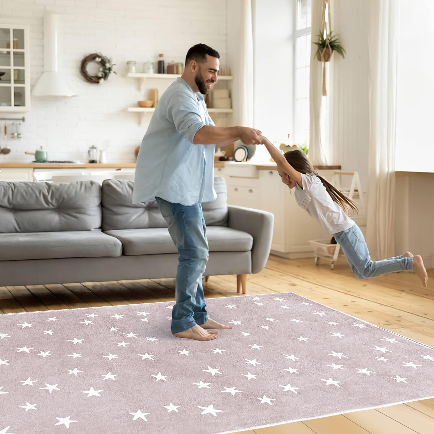Poowe Soft Kids Area Rug, Large Washable Space Mat, Non-Slip Cute Stars Baby Crawling Floor Mat for Living Room Playroom Classroom Bathroom (5 x 7ft,Pink)