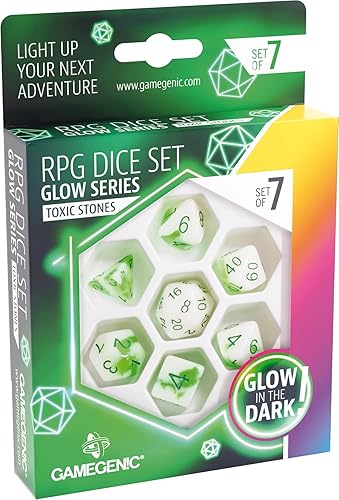 Glow Series Toxic Stones RPG Juego de 7 dados que brillan en la oscuridad en una variedad de tamaños diseñados para juegos de rol, dados de resina