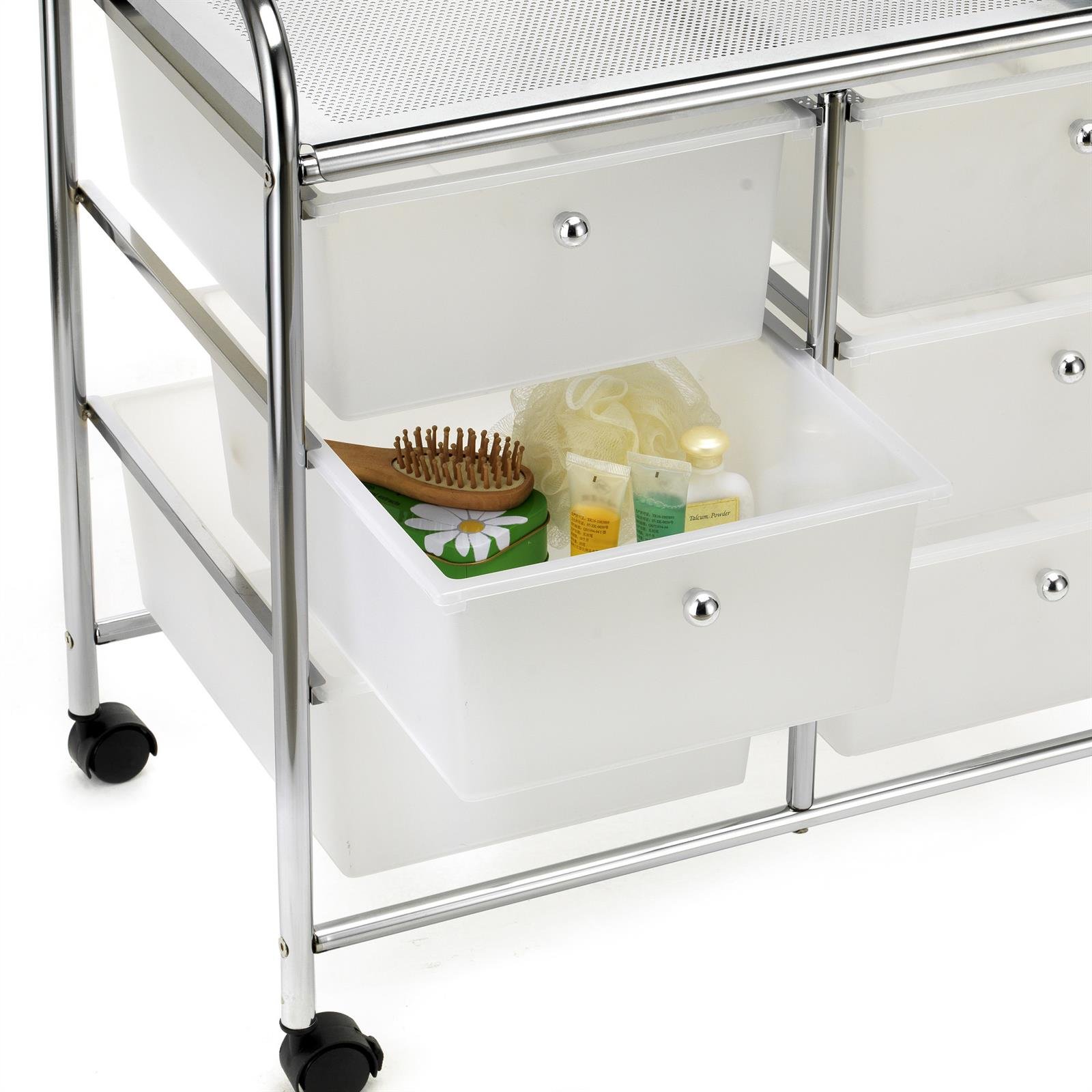 IDIMEX Caisson sur roulettes GINA Chariot avec 5 tiroirs en Plastique Blanc Transparent et 1 étagère, Meuble de Rangement pour Salle de Bain en métal chromé