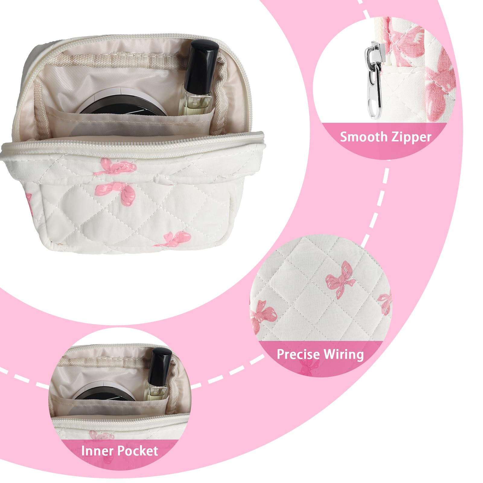 Tmtains Kleine Make-up-Tasche für Geldbörse, Mini-Baumwolle, gesteppt, Kosmetiktasche für Damen, niedliche rosa Schleife, Make-up-Tasche, tragbare Reise-Kulturbeutel mit Reißverschluss, Damenbinde