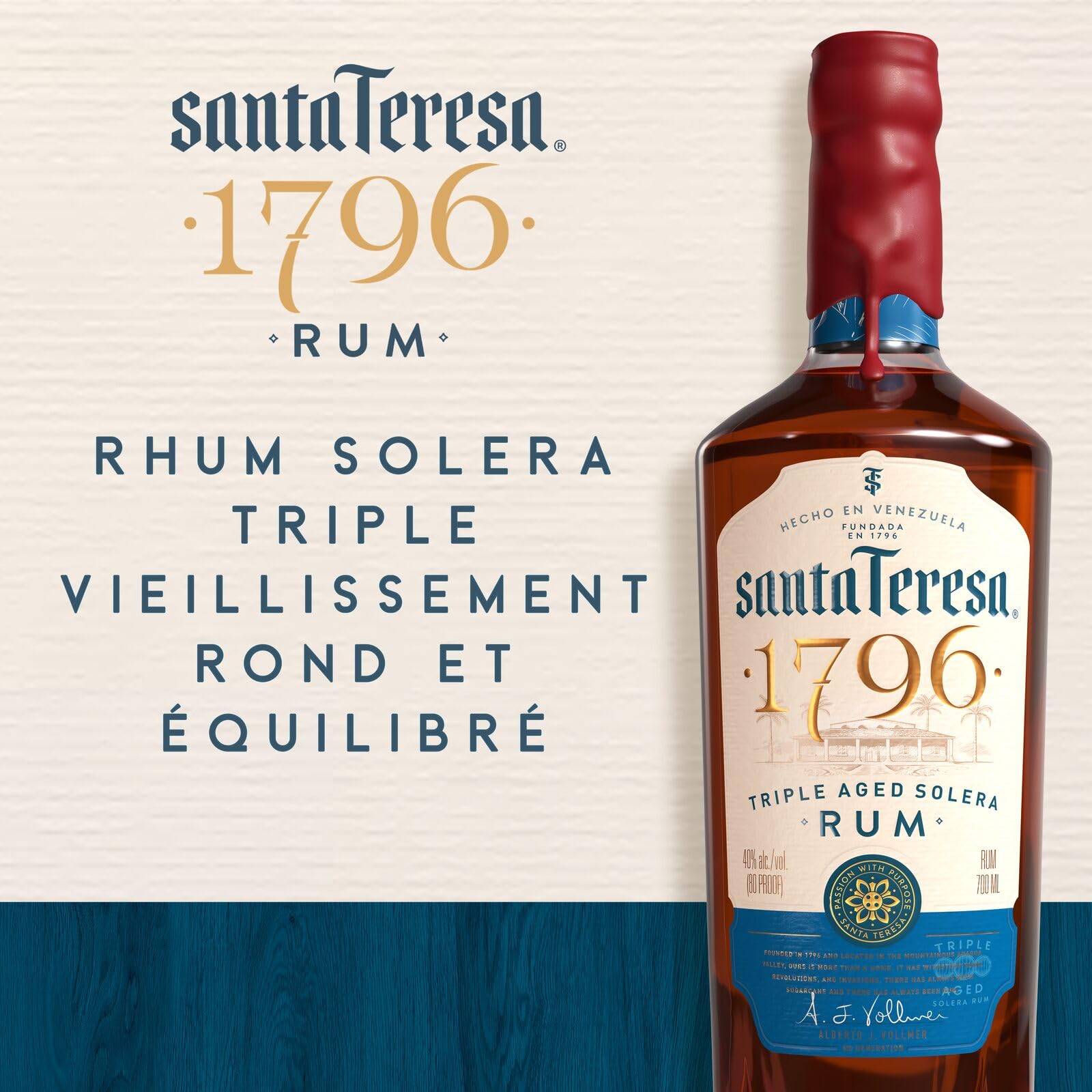 Santa Teresa 1796 Triple Aged Solera Rum, 40 % vol., 70 cl / 700 ml, Rhum ambré vénézuélien d’exception, issu d’un domaine unique et affiné dans des fûts de chêne