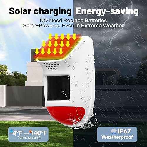 Miniatura 5 de Alarma solar con sensor de movimiento sirena de seguridad impermeable IP65 de 120 dB con control remoto y luz estroboscópica, 3 modos para patio,