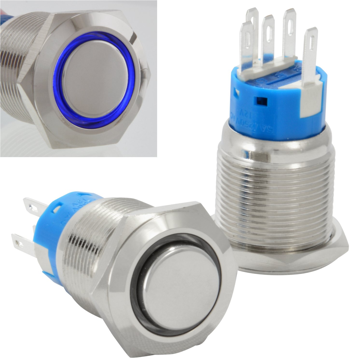 JacobsParts Latching Pushbutton ON/Off Maintained Power Switch Circular Metal Silver with Blue LED fits 3/4" (19mm) Diameter Panel Cutout Hole