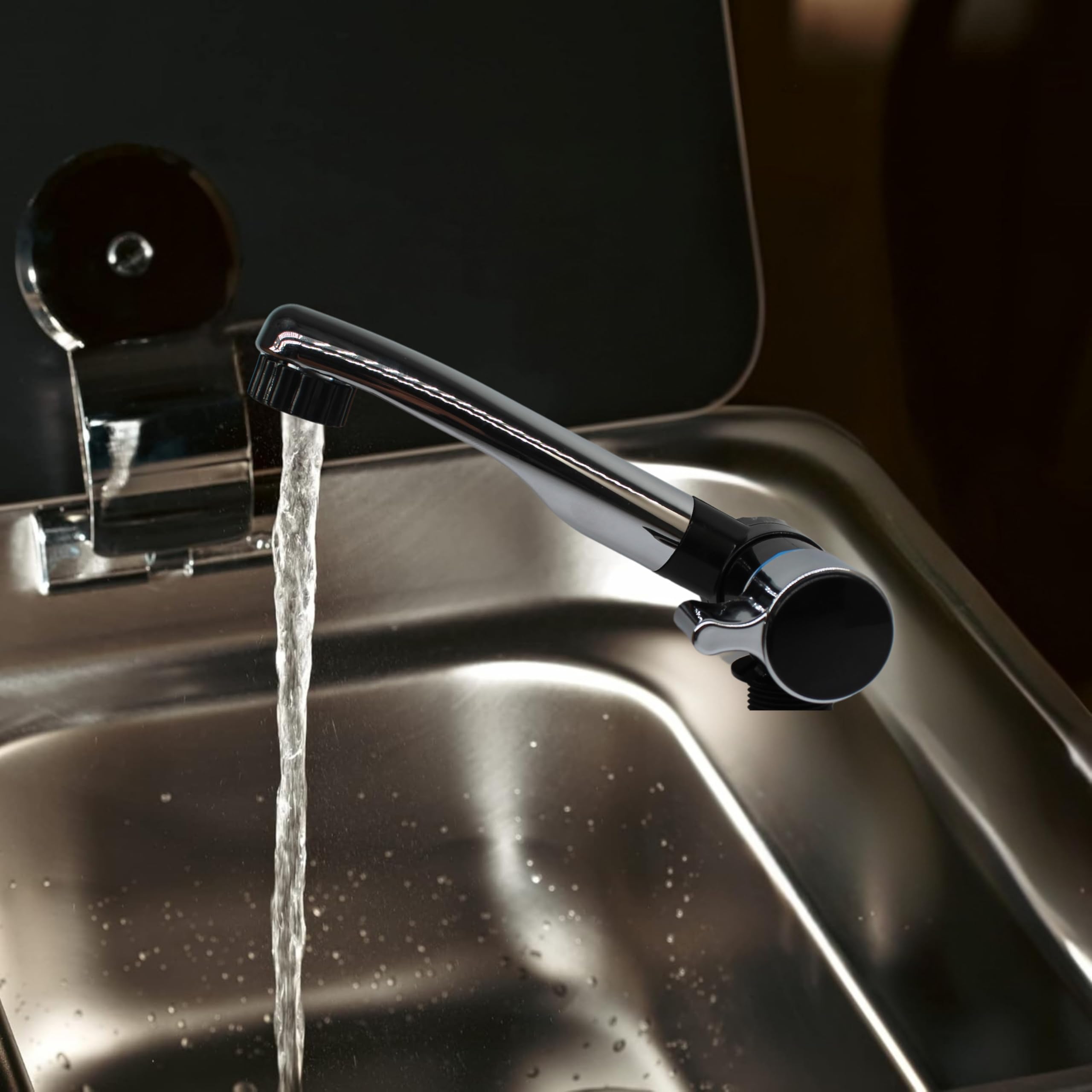 Comet Grifo de camping 12V London para autocaravana - Con 2 conexiones (agua caliente y fría), negro/cromado, grifo compacto con bomba, ideal para lavabo