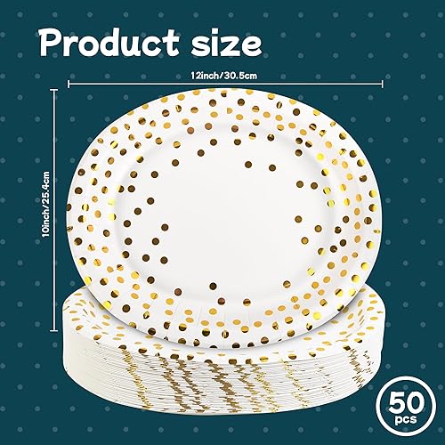 Miniatura 2 de AimFun 50 platos de papel ovalados grandes desechables dorados de lunares dorados de 10 x 12 pulgadas, bandeja decorativa para servir postres para