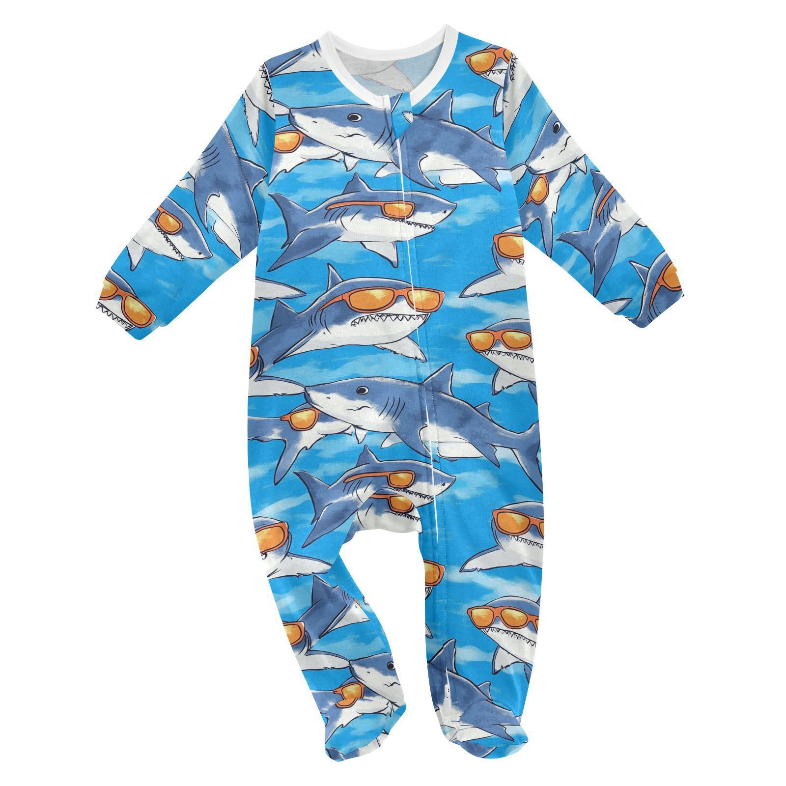 Wusikd Sharks Orange One-Piece Footies Sunglasses Bodysuit Rompers Zipper for Boys Girls 18M