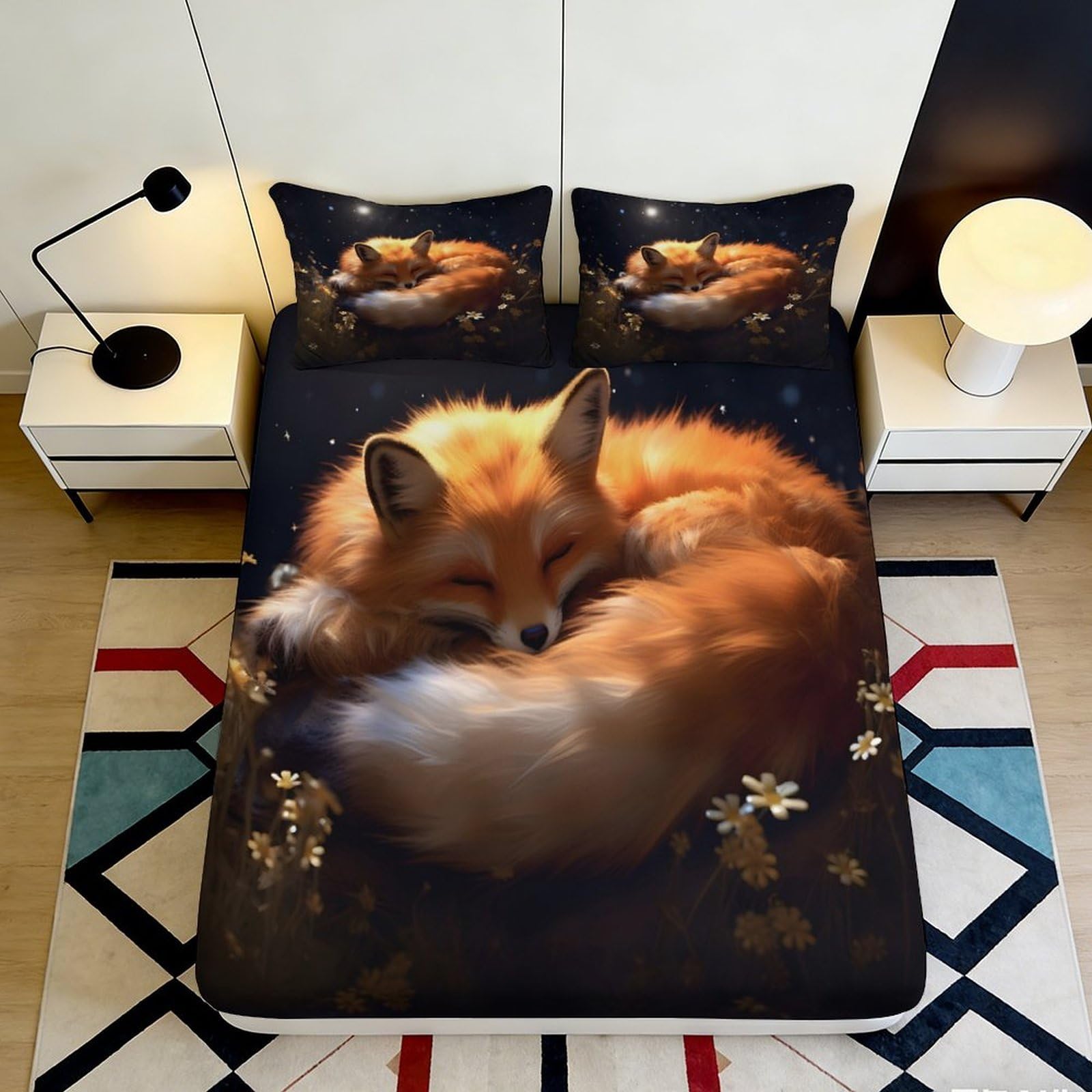 3D Printed Sleeping Fox Fitted Sheet Microfiber Soft Breathable Cozy Night Bed Cover for Bedroom Dormitory Guest Room Mattress Protection Decor 160x200x25cm