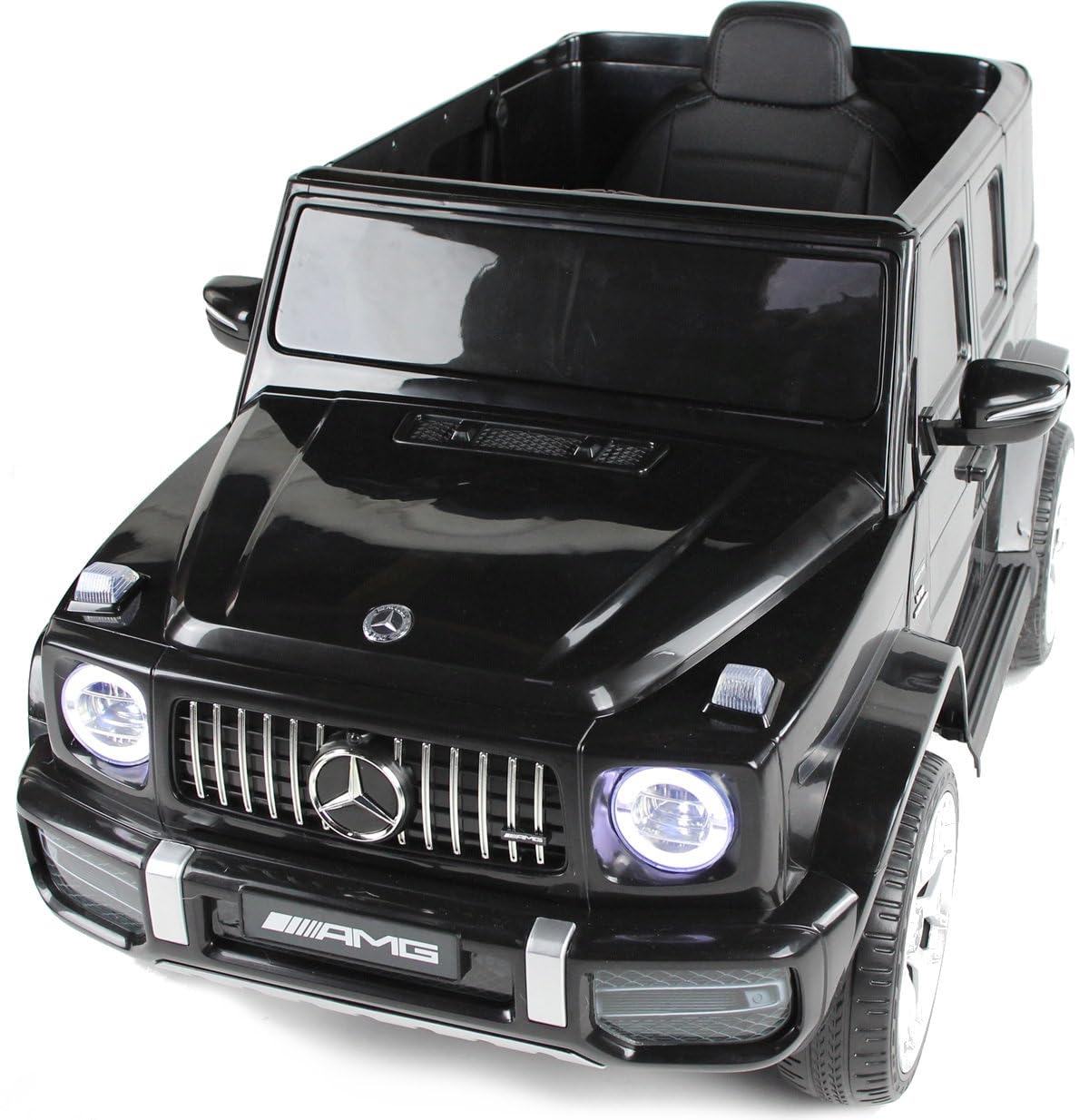 Playhouse Dziecięcy samochód elektryczny Mercedes G63 4 x 4 AMG 180 W, 12 V 9 Ah, skórzane siedzisko, 2 amortyzatory, koła EVA, pilot zdalnego sterowania, samochód dziecięcy (czarny)