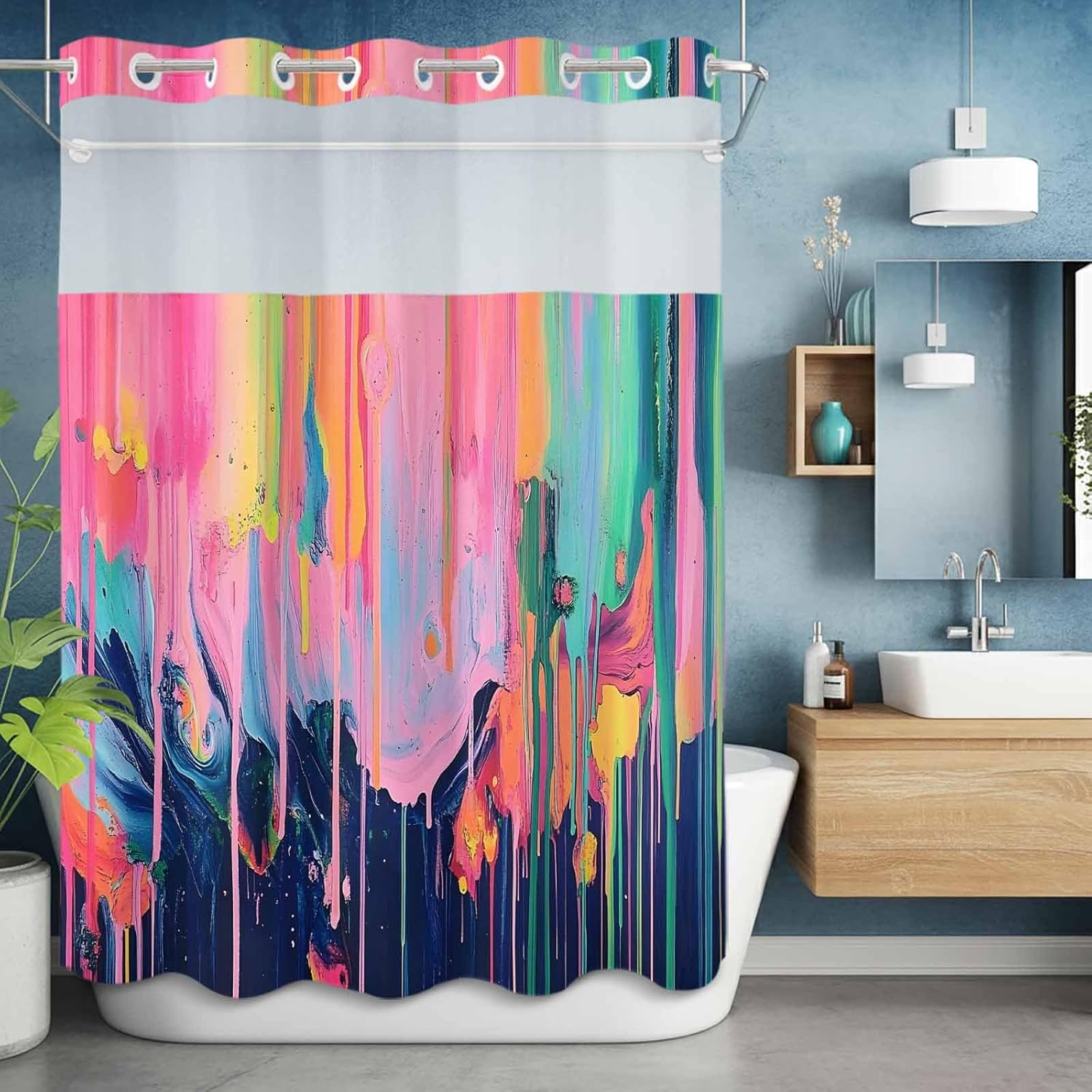 Colorful Abstract No Hook Shower Curtain with Snap in Liner Hand Drawn Graffiti Waterproof Bathroom Shower Curtain with See Through Top Window for Bathtub 72" x 84"