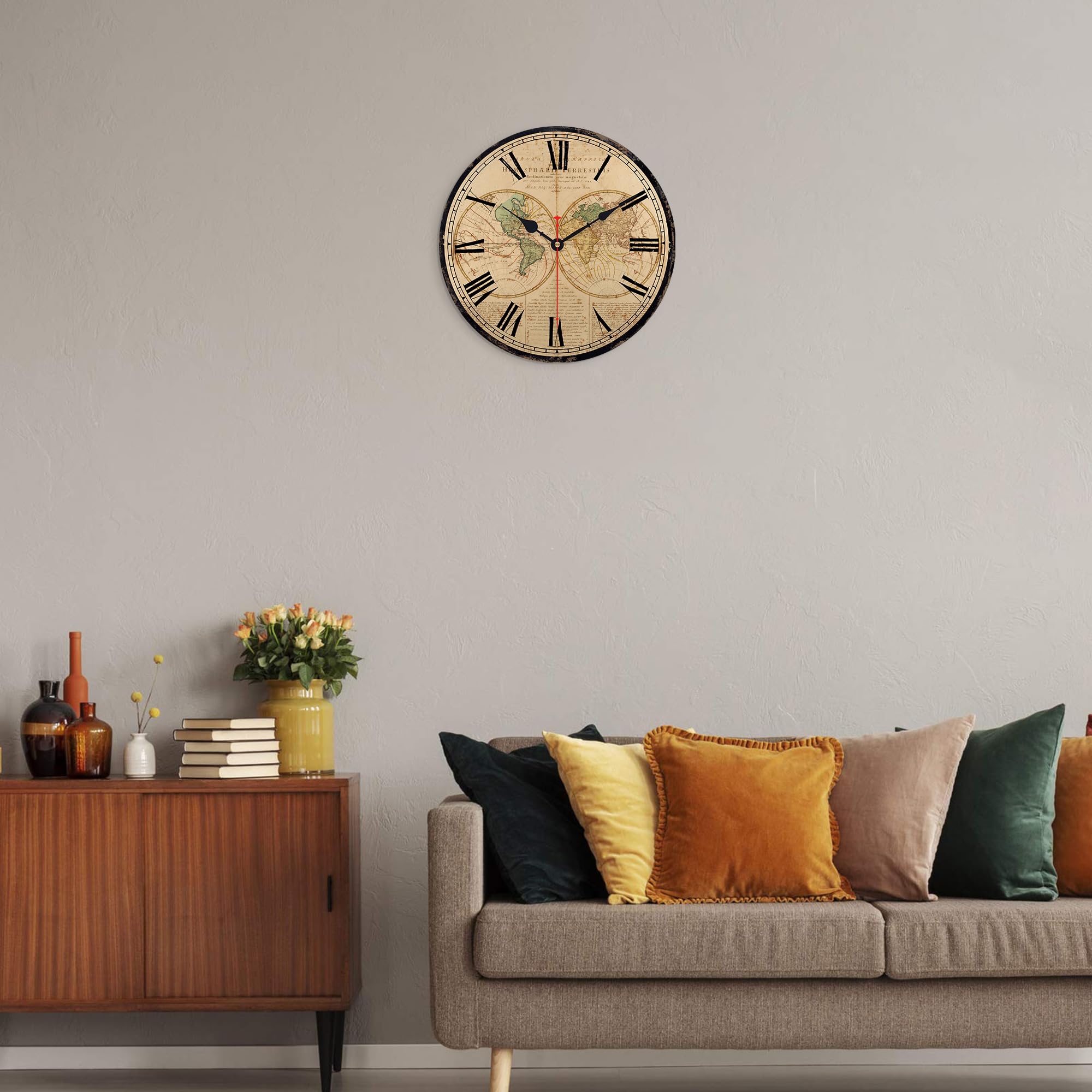 TAHEAT Mappa del mondo Orologio da parete, Grande Classico In legno Orologi, Silenzioso Non ticchettio Facile Da Leggere per Casa/Ufficio/Scuola, 34 cm