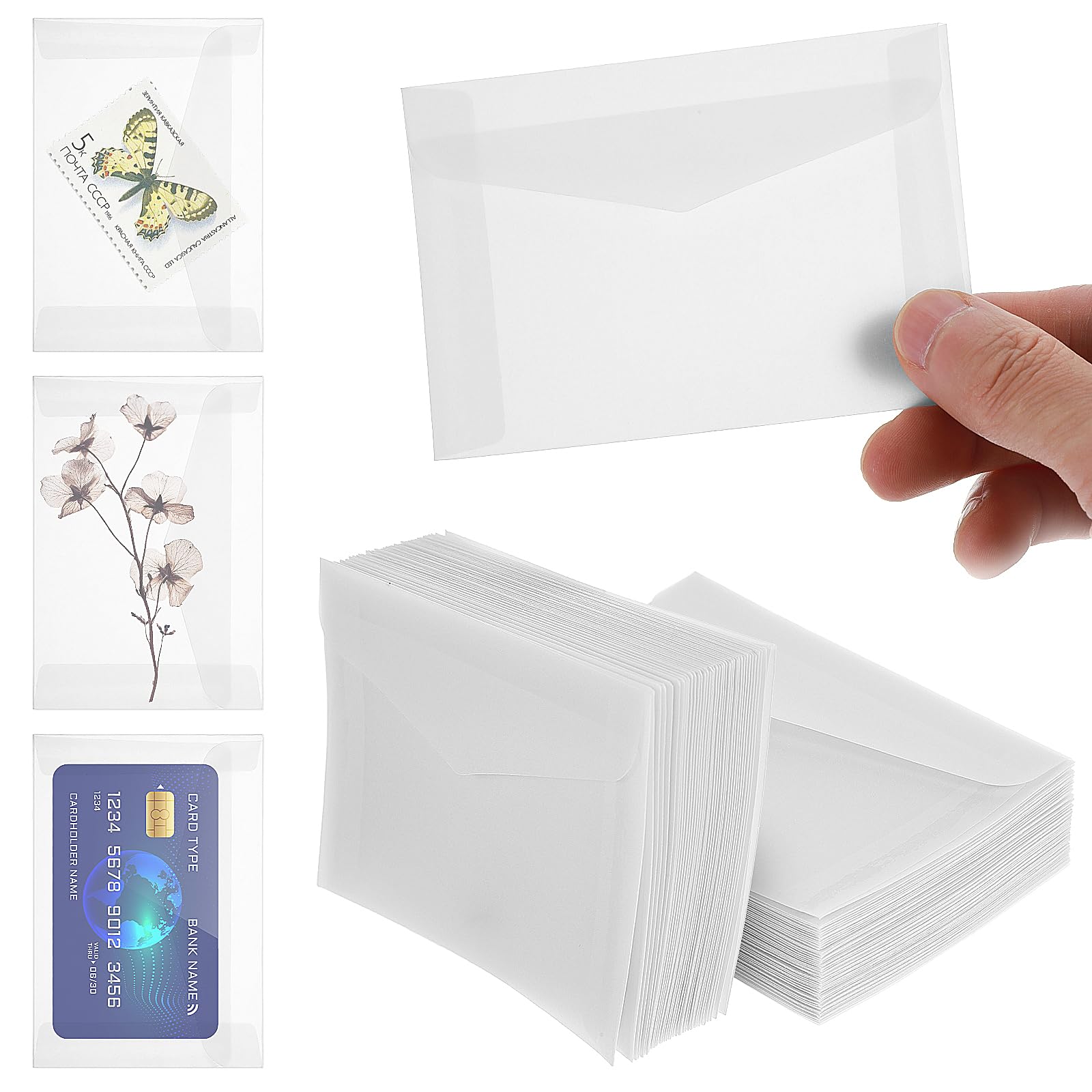 50 sztuk małych przezroczystych kopert 10x7cm, przezroczyste koperty, małe przezroczyste koperty, koperta na kartki z życzeniami, kartki urodzinowe, zaproszenia, ślub, znaczki