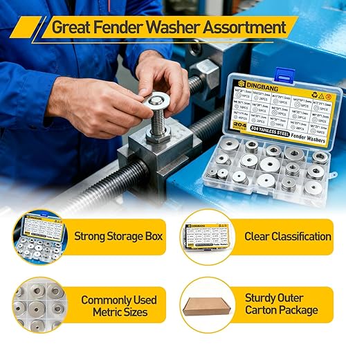 Miniatura 4 de DINGBANG Kit surtido de arandelas de guardabarros de acero inoxidable M3-M12, 15 tamaños métricos, 260 arandelas grandes de acero inoxidable para