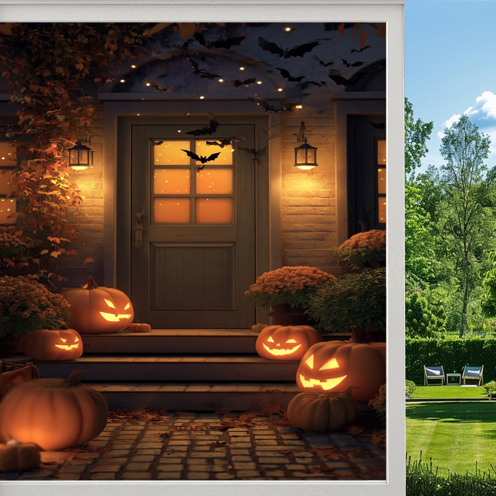 Pmlbaous Pumpkin Farmhouse Privacy Window Film, Autumn Rustic Halloween Frosted Self-Adhesive Vinyl Cling For Glass Doors Bathroom Windows Sun Blocking Heat Control, （55X120cm）