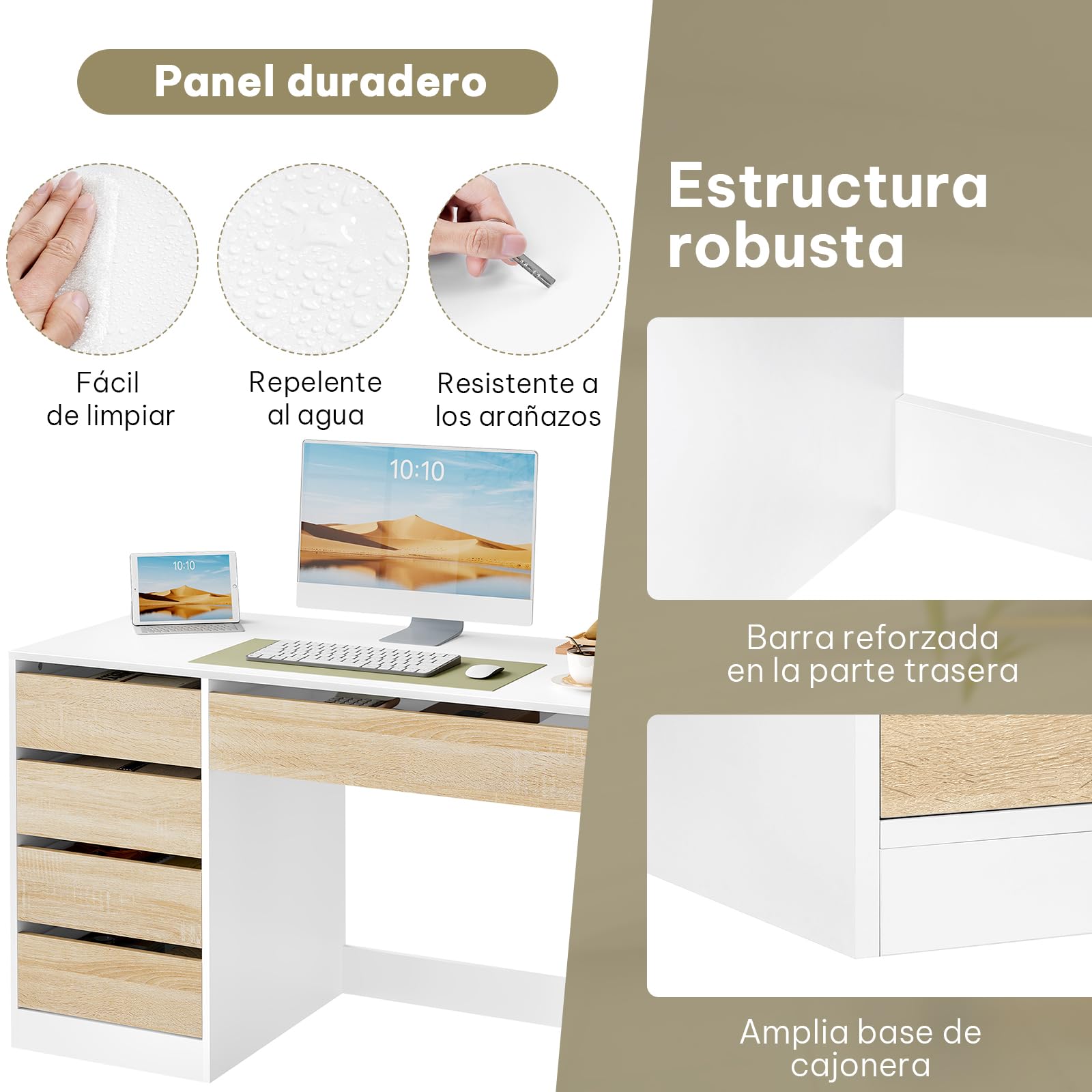 eSituro Escritorio con 5 Cajones, MDF, 120x55x75 cm, Blanco-Beige | Resistente al Agua, Cajones de Apertura Suave, para Dormitorio y Estudio
