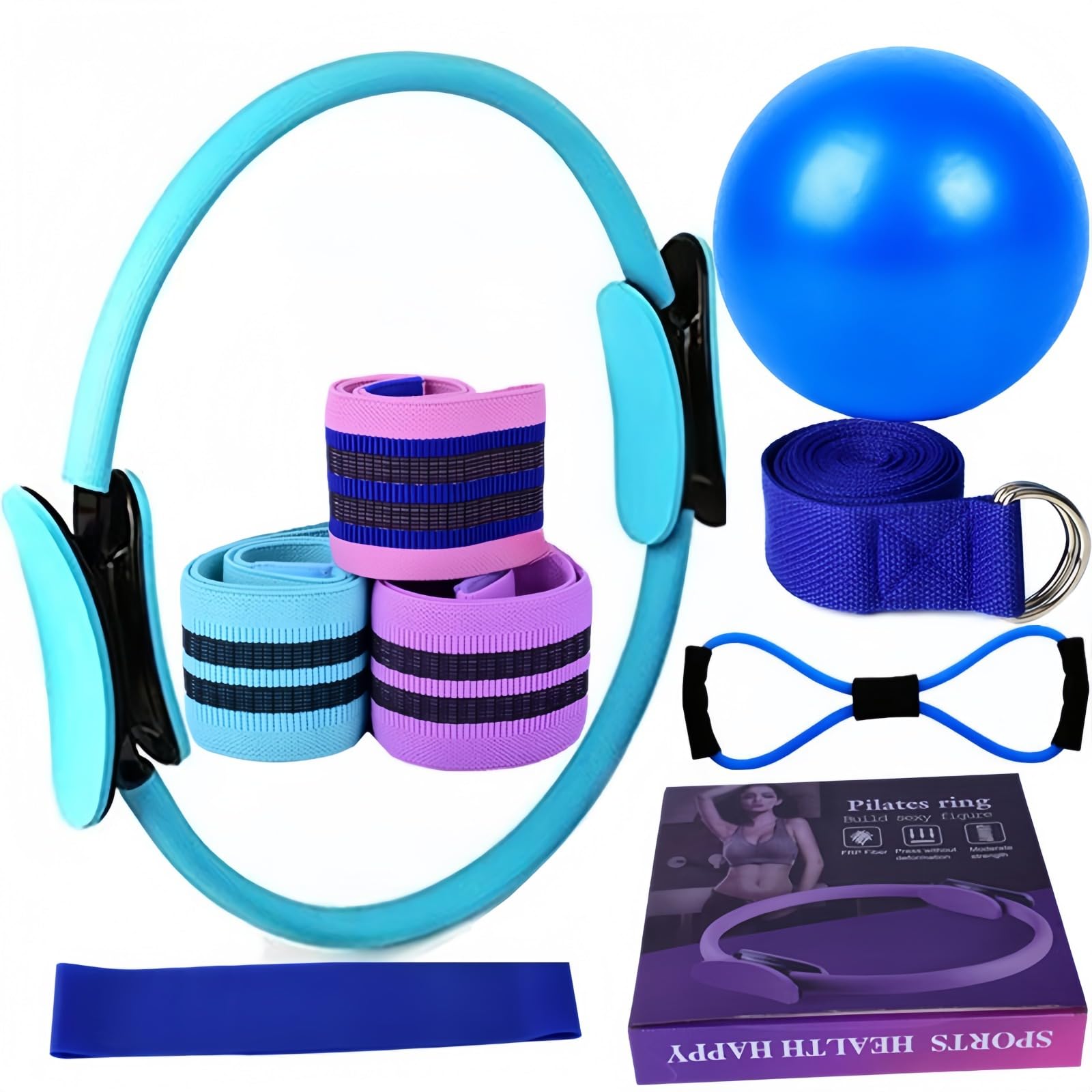 Genérico Kit Pilates,Juego de 11Piezas,aro Pilates Mujer,Pelota Pequeña de Pilates,Aro de Pilates,Kit de Pilates para Ejercicio en Casa,Cintas Elásticas musculación