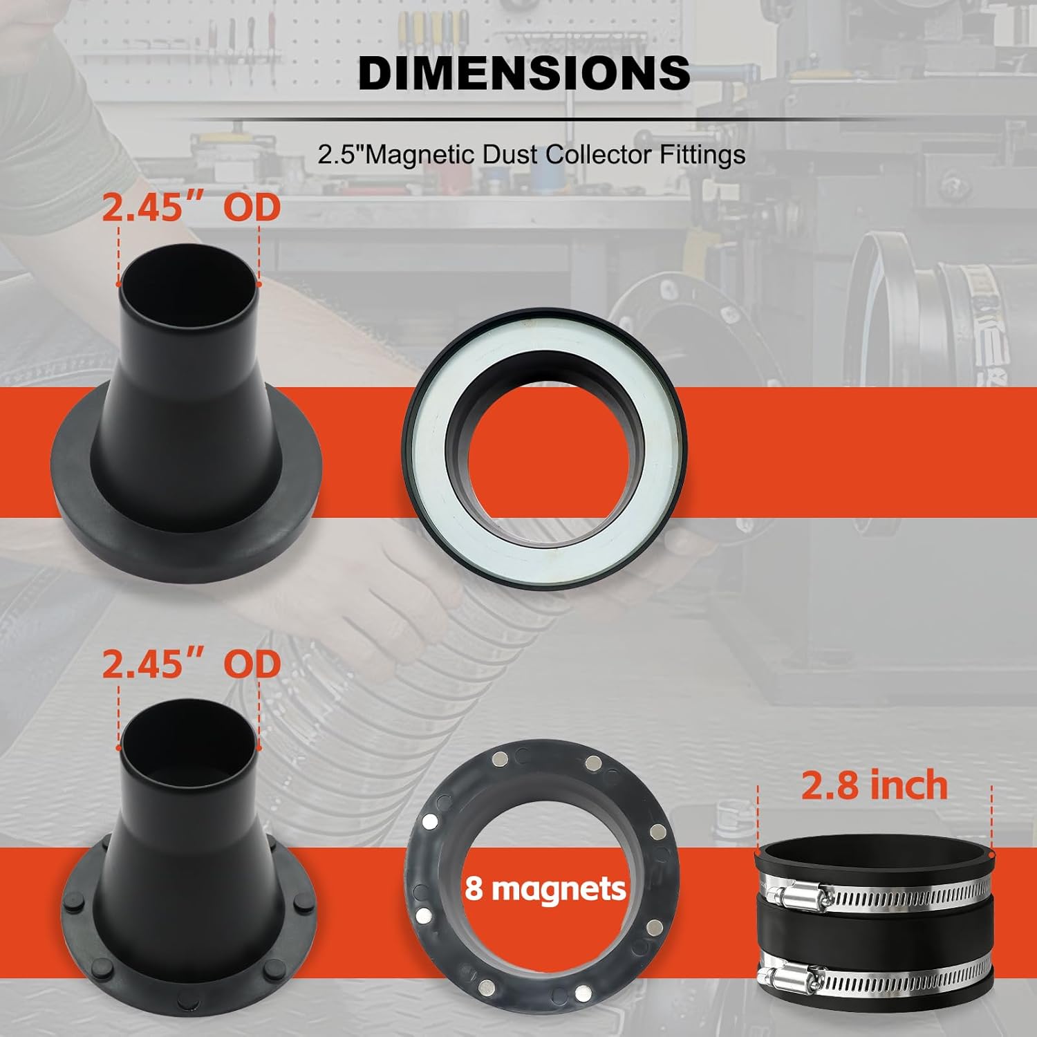 2-1/2 Inch Magnetic Dust Collection Fittings Super Magnetic Dust Collectors Kit with 8 Industrial-Grade N52 Magnets Double Rubber Gasket for Dust-Tight Seal Compatible with Shop Vac & Dust Collectors