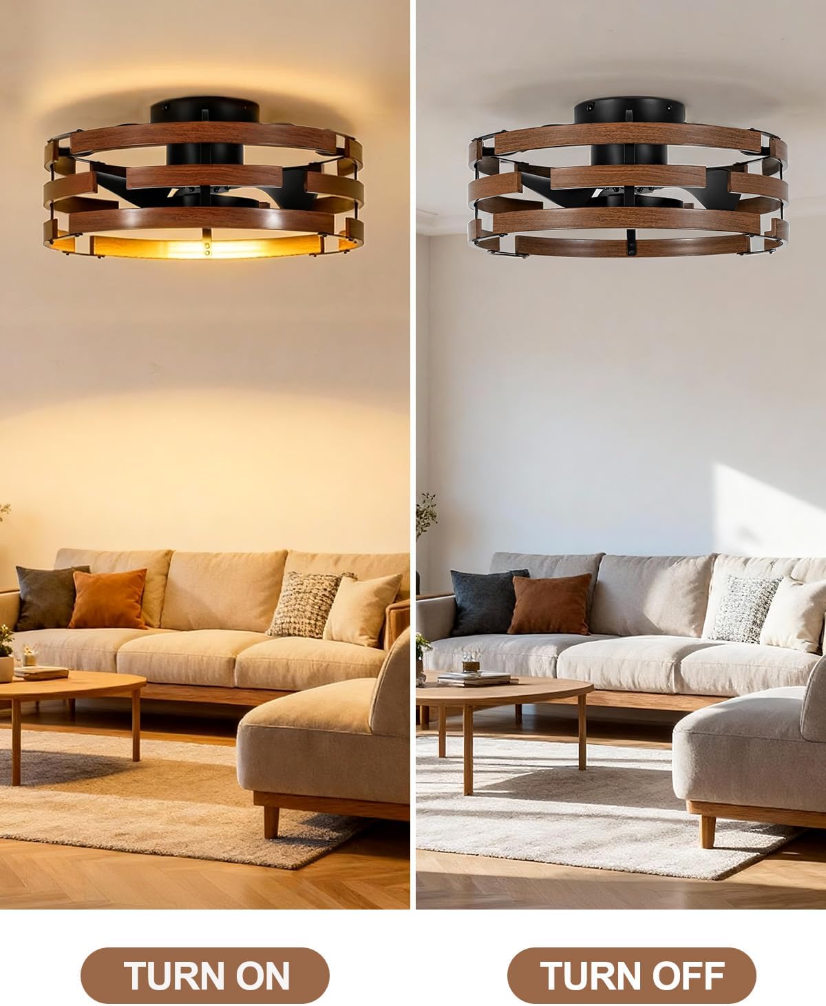 Roomratv Farmhouse Fandelier Ceiling Fan with Lights Flush Mount, 20'' Caged Bladeless Ceiling Fan with Remote,Enclosed Small Fan Light Fixtures Low Profile for Rustic Bedroom Kitchen