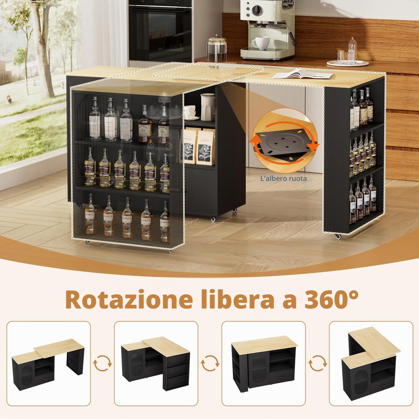 Isola da cucina girevole a 360° con spazio di archiviazione, carrello da cucina portatile, tavolo da bar allungabile, piano di lavoro in acciaio inox, bar per la colazione con armadi e cassetti, per