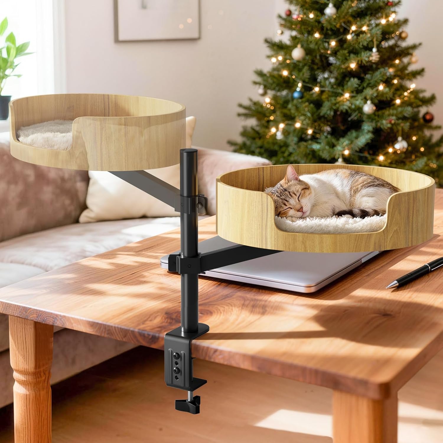 Cat Desk Bed – Cat Bed for Indoor Cats with Adjustable Height&360° Rotation, Elevated Desk Cats Beds for Table, Desktop Cat's Hammock for Small Space, Wooden Cat's Bed Desktop Kitten