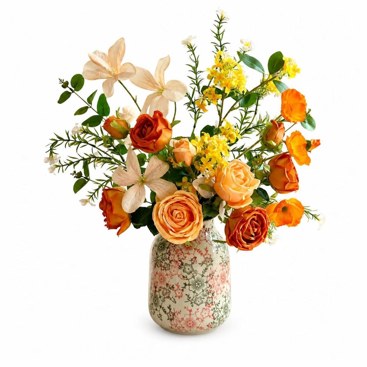 Flores artificiales con jarron de ceramica para centros de mesa de salon
