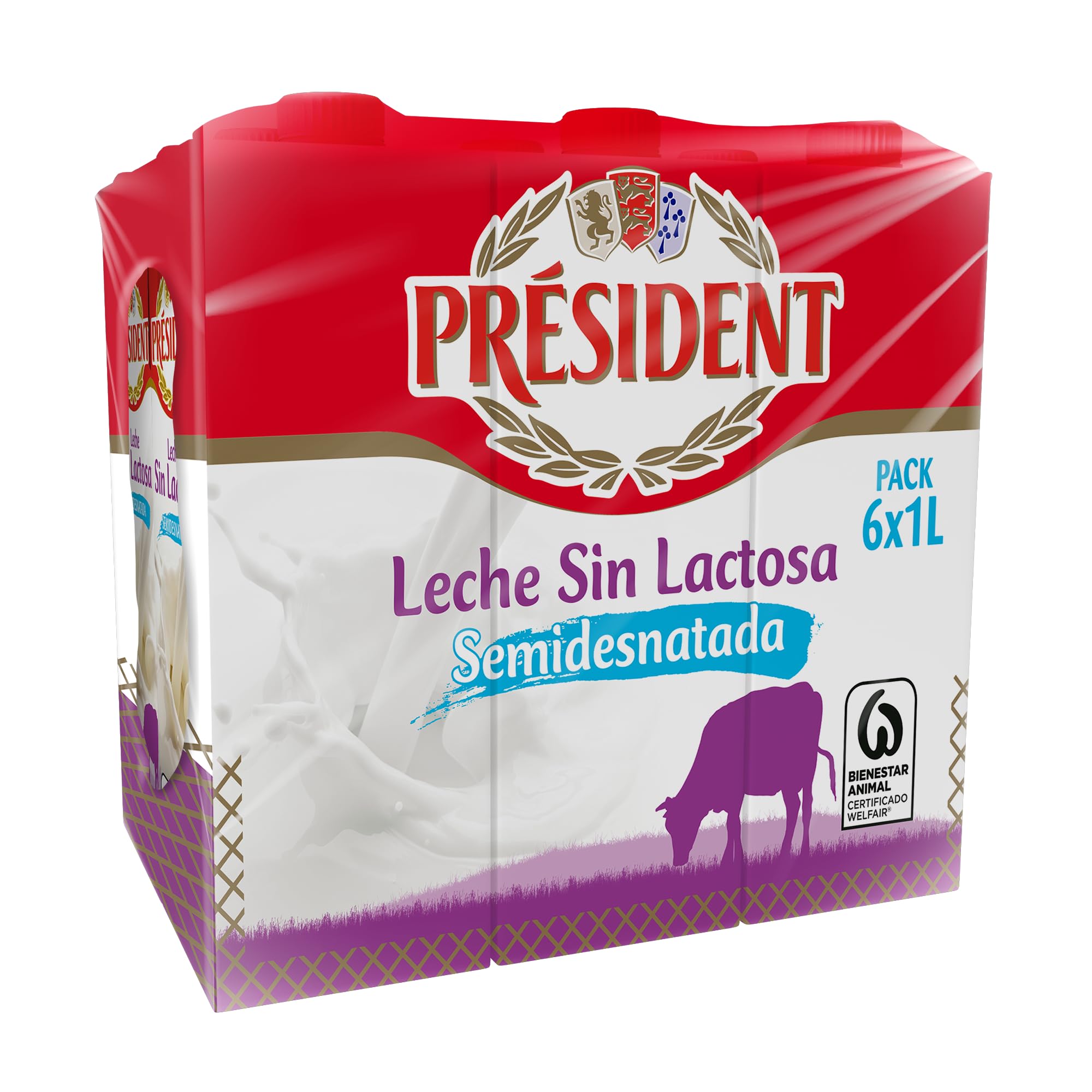 Président Leche Semidesnatada Sin Lactosa UHT Natural de Galicia Pack 6 x 1 L