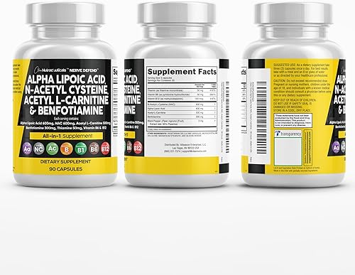 Miniatura 8 de Ácido alfa lipoico 600 mg N-acetil cisteína 600 mg acetil L-carnitina 500 mg Benfotiamina 300 mg - Suplemento de apoyo nervioso para mujeres y