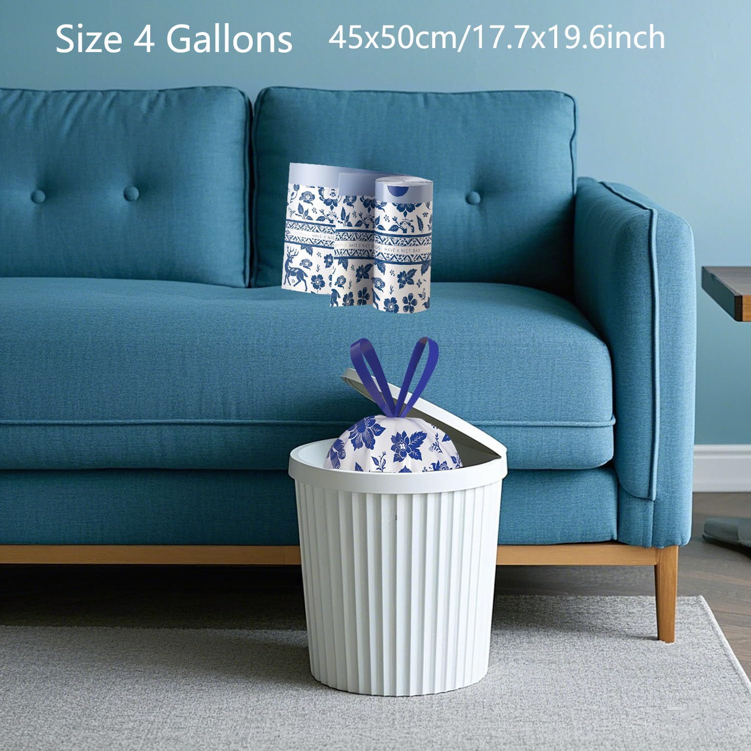 4 Gallon Small Trash Bags Blue No-Tearing Drawstring 1.1 Mil Thick -64 Count Small Garbage Bags for Bathroom Kitchen Toilet Home Office and Bedroom
