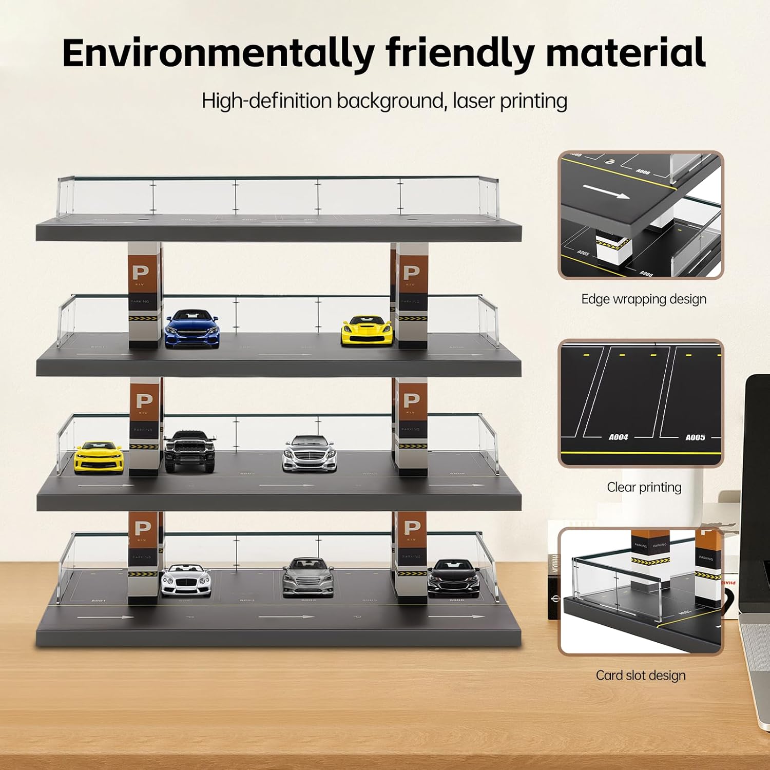 4-Tier 1:64 Die-Cast Car Display Case – Clear Acrylic Parking Garage Style Toy Car Organizer with Solid Wood Base, Dust-Proof Display Shelf for Miniature Car Collectors & Kids' Gifts