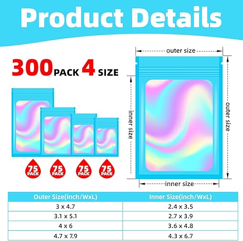 Miniatura 2 de 300 bolsas a prueba de olores, 4 tamaños, bolsas holográficas de Mylar resellables con ventana transparente, bolsas de embalaje a prueba de olores
